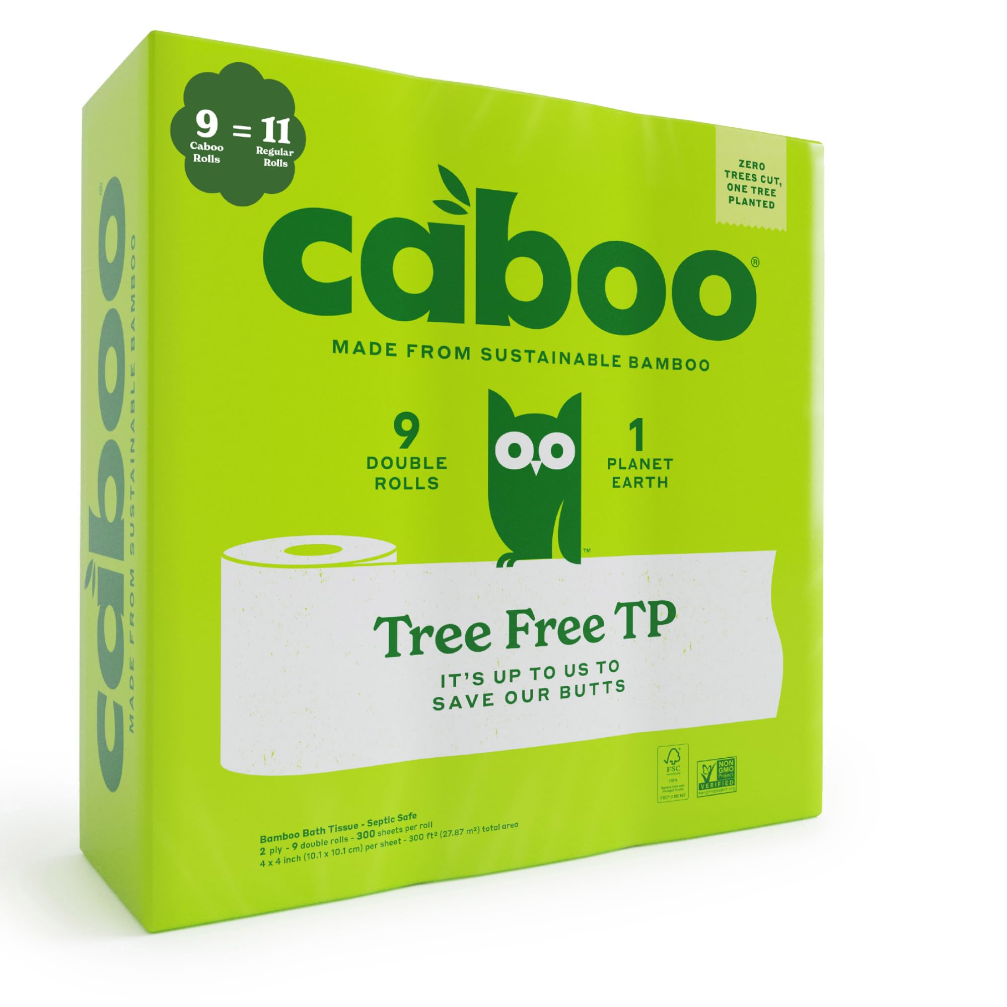 Caboo Tree-Free Toilet Paper - Septic Safe, Quick-Dissolving 2-Ply Bath Tissue (9 Double Rolls, 300 Sheets Per Roll) - Eco-Friendly, Soft & Strong for RVs, Boats, Camping & Emergency Preparedness