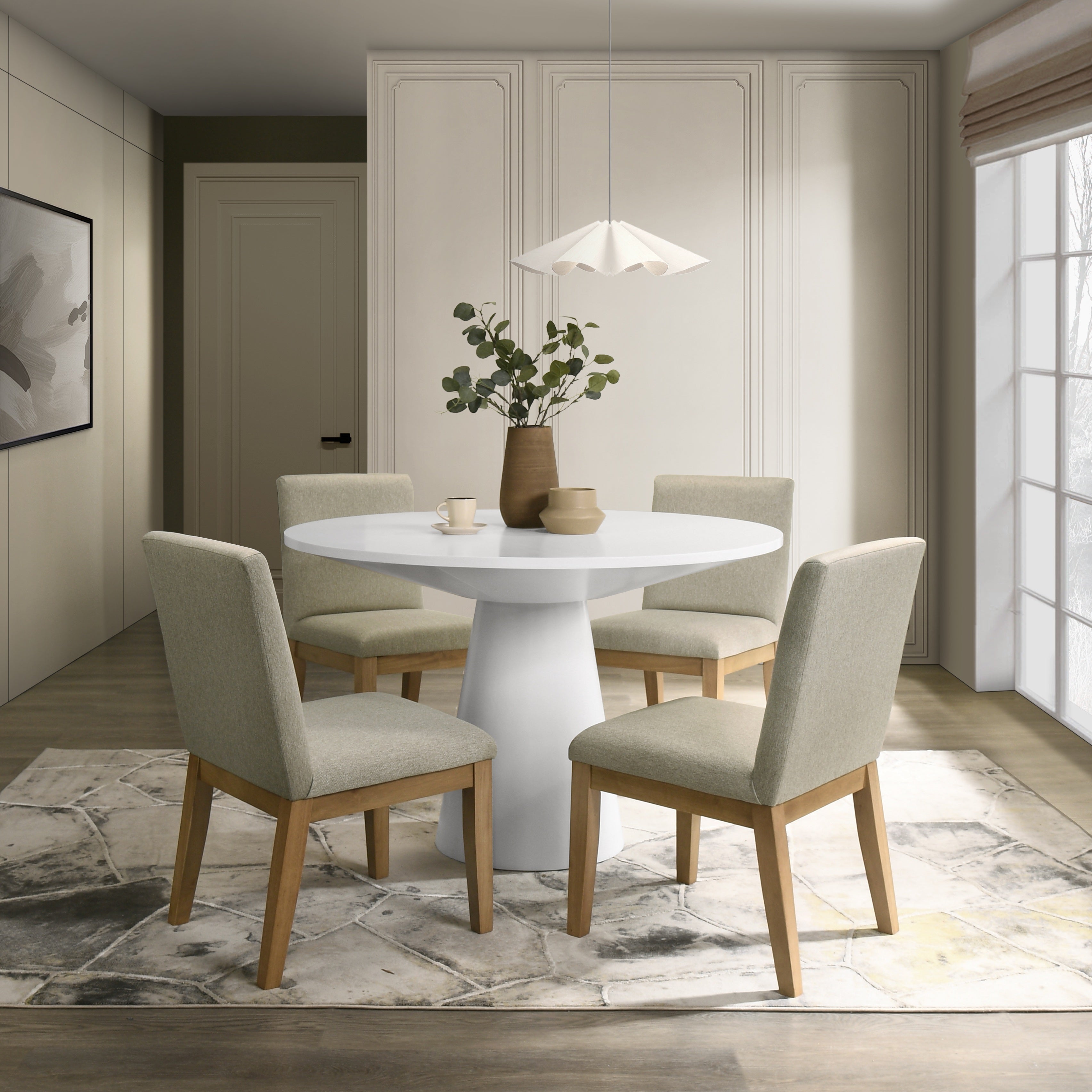 Modern Rocco 5-Piece Round Dining Set with Pedestal Table & 4 Chairs - Perfect for Small Spaces, Breakfast Nooks & Contemporary Kitchens