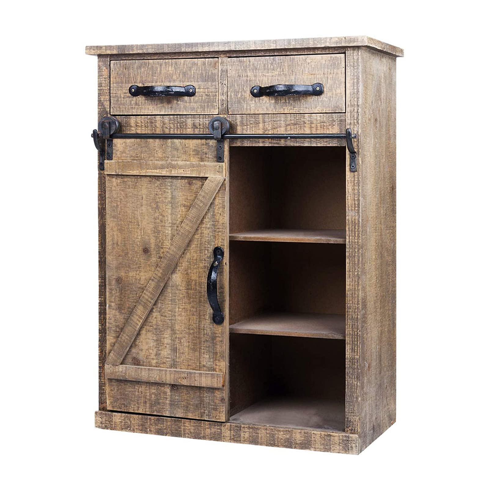 GT4-LY Durable Classic American Country Style Single Barn Door with 2 Drawers Vintage Wooden Cabinet - Perfect for Farmhouse, Rustic Home Decor & Storage Solutions