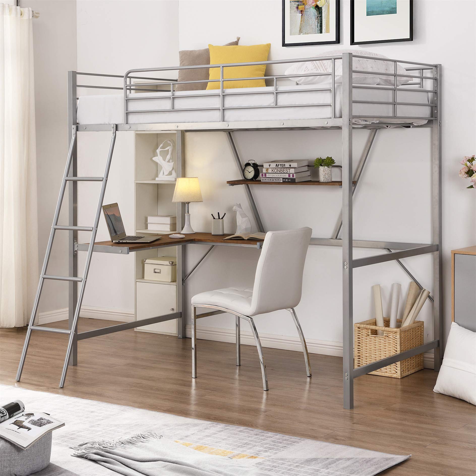 Harper & Bright Designs Twin Metal Loft Bed with Study Desk & Storage Shelves - Sturdy Space-Saving Bunk Bed Frame with Safety Guardrails & Ladder for Kids, Teens & Adults (Silver) - Perfect for Small Bedrooms, Dorms & Studio Apartments