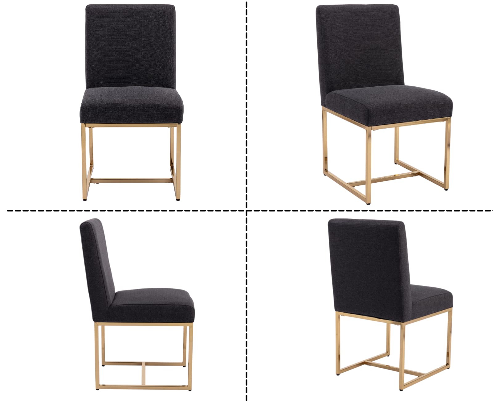 Mid Century Modern Upholstered Dining Chairs Set of 2 - Gold Metal Legs, Linen Fabric Padded Armless Side Chairs for Dining Room, Living Room & Bedroom - Comfortable Seating for Home Decor & Entertaining (Black, 2-Piece Set)