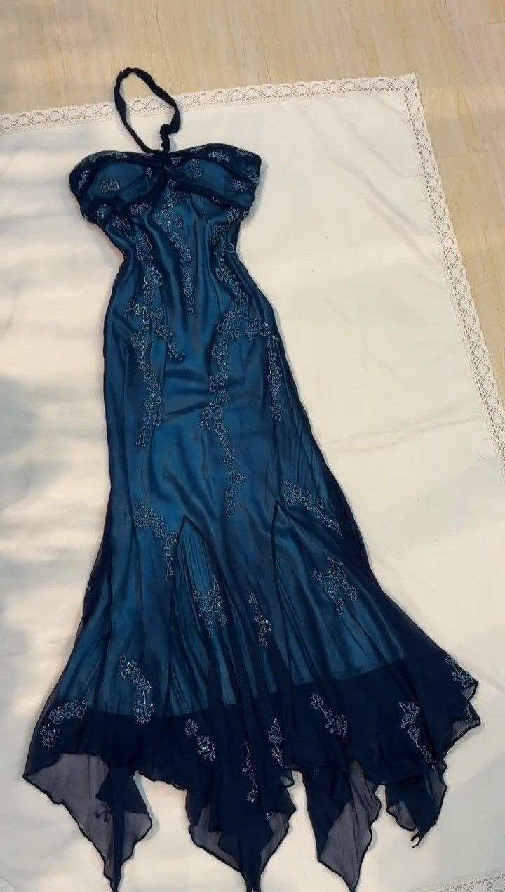 Elegant Mermaid Blue Beaded Prom Dress with Halter Neckline & Vintage Ruffles - J4751 | Perfect for Homecoming, Formal Dances & Special Occasions