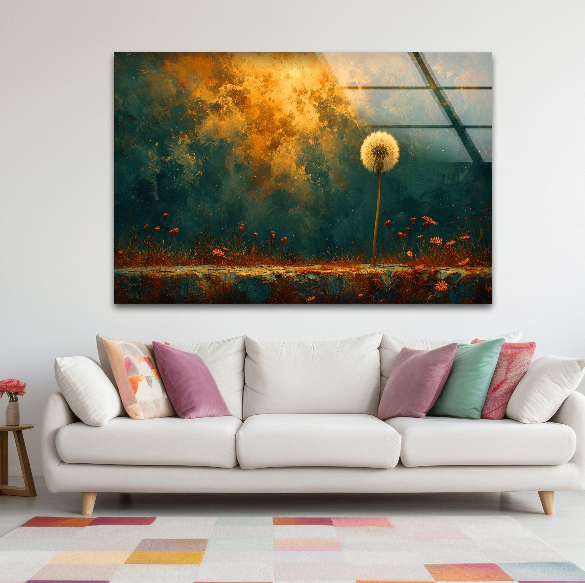 Abstract Dandelion Glass Wall Art - Handmade Modern Home Decor for Living Room, Bedroom & Office - Unique Glass Wall Hanging for Boho, Contemporary Interior Design