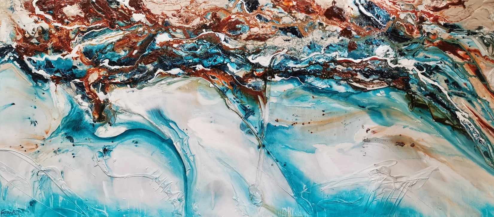 Turquoise Cream Textured Abstract Painting - 270cm x 120cm Crushed Southern Chill Style Wall Art for Living Room, Bedroom & Office Decor