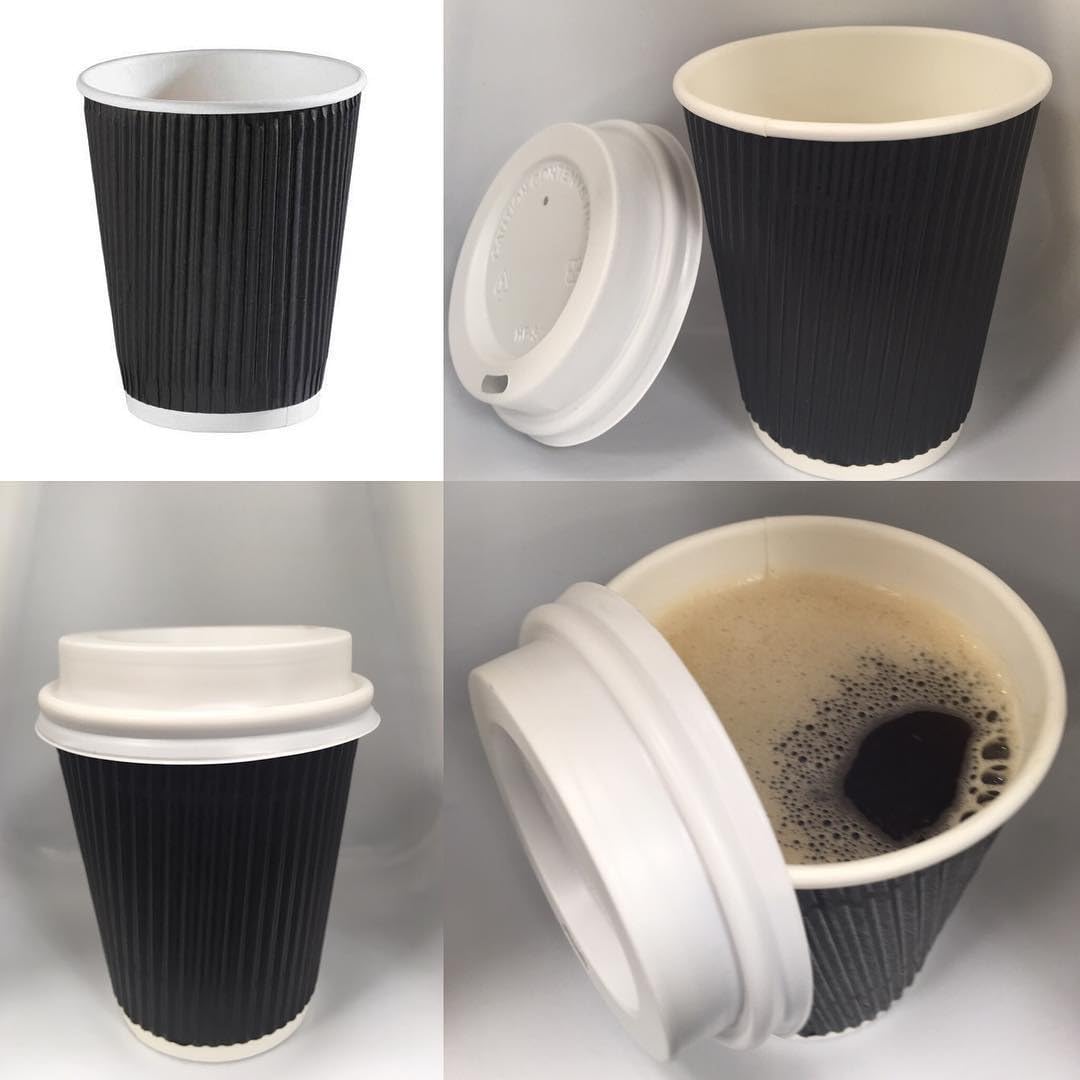 500 Pack 12oz Black Disposable Coffee Cups - Eco-Friendly Ripple Wall Design for Hot & Cold Beverages, Recyclable Insulated Paper Cups | Perfect for Parties, Picnics, Office & Coffee Shops
