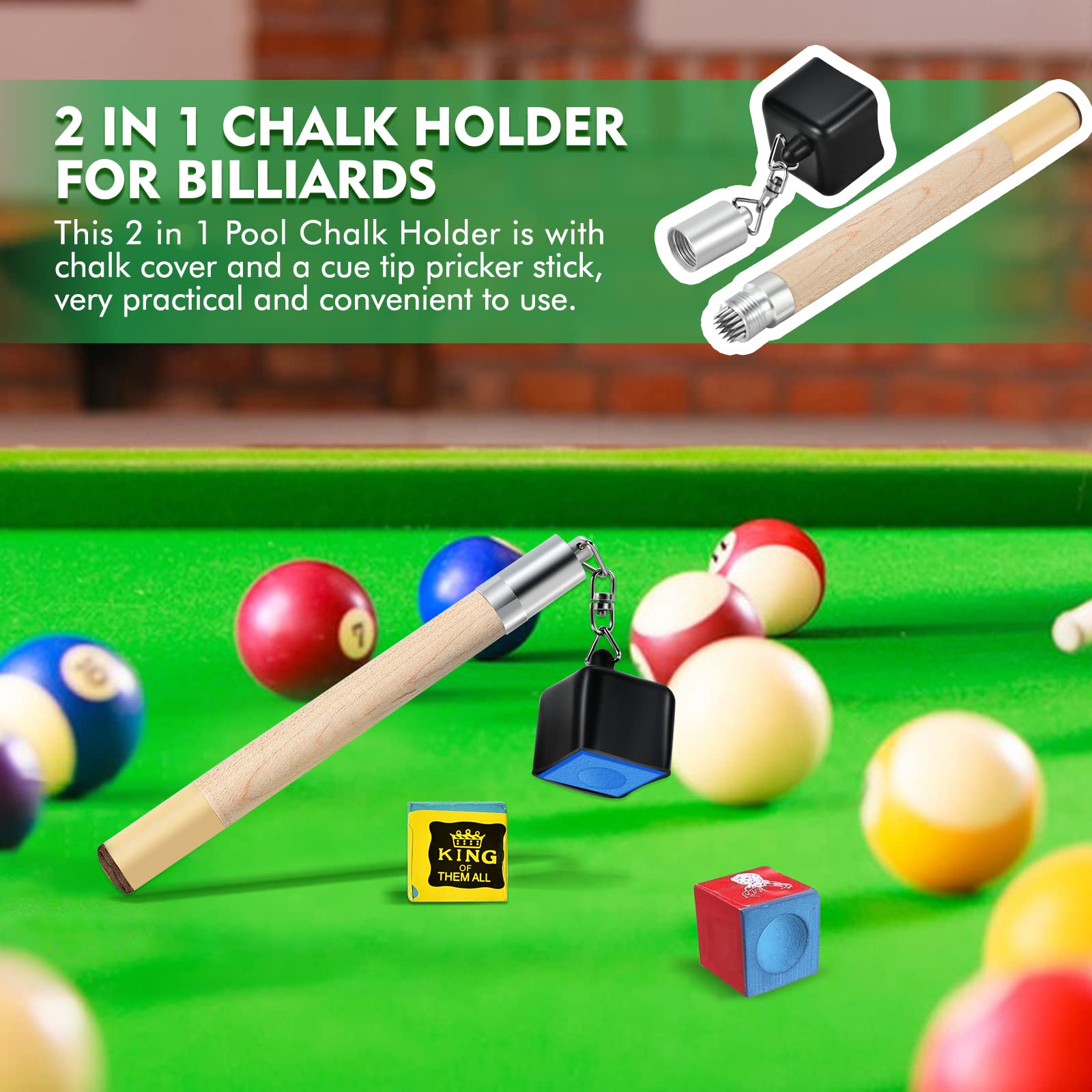 2 in 1 Portable Pick Pocket Chalk Cover & Tip Pricker Prep Tool - Billiard Cue Snooker Accessory, Pool Stick Chalk Holder (3 Models Available) for Professional & Home Game Use