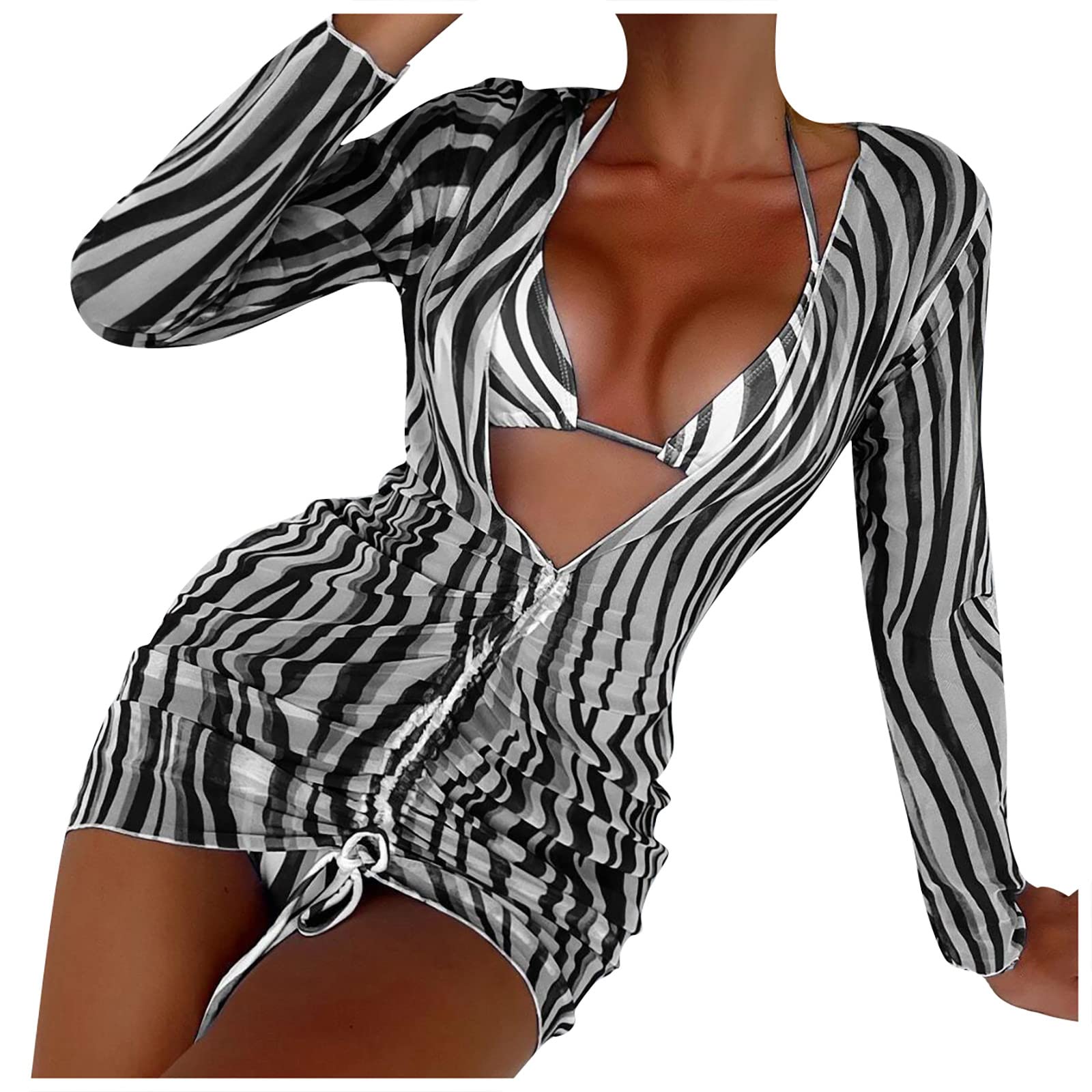 Women's 3-Piece Swimsuit Cover Up Set - Halter Triangle Bikini Top with Long Sleeve Cover & Bottoms | Beach Vacation, Pool Party, Summer Swimwear