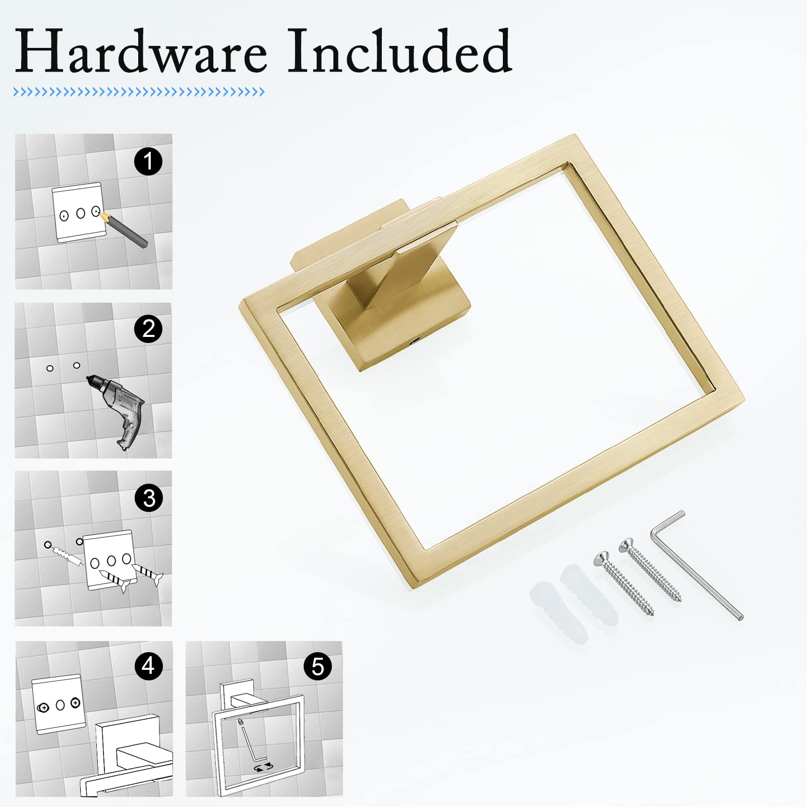 Brushed Gold Towel Ring - Stainless Steel Square Bathroom Hand Towel Holder - Wall Mounted Towel Bar Hanger for Modern & Luxury Bathroom Decor