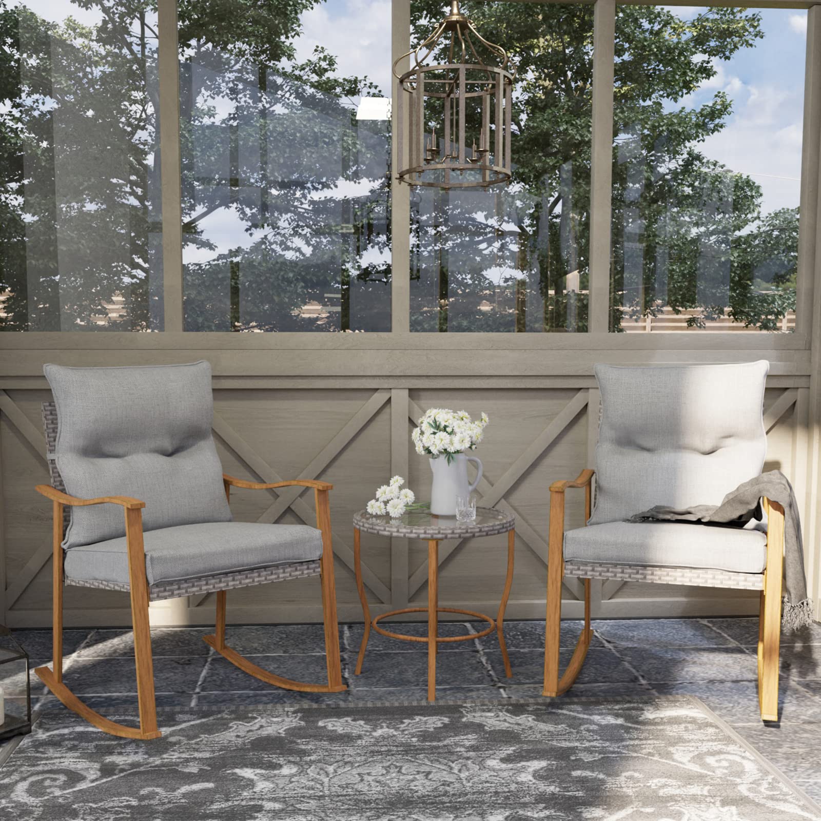 AQUILLA Outdoor 3-Piece Patio Rocking Set - Metal Frame Bistro Set with Round Tempered Glass Table & Thick Gray Cushions - Perfect for Sunroom, Porch, Garden, and Backyard Relaxation