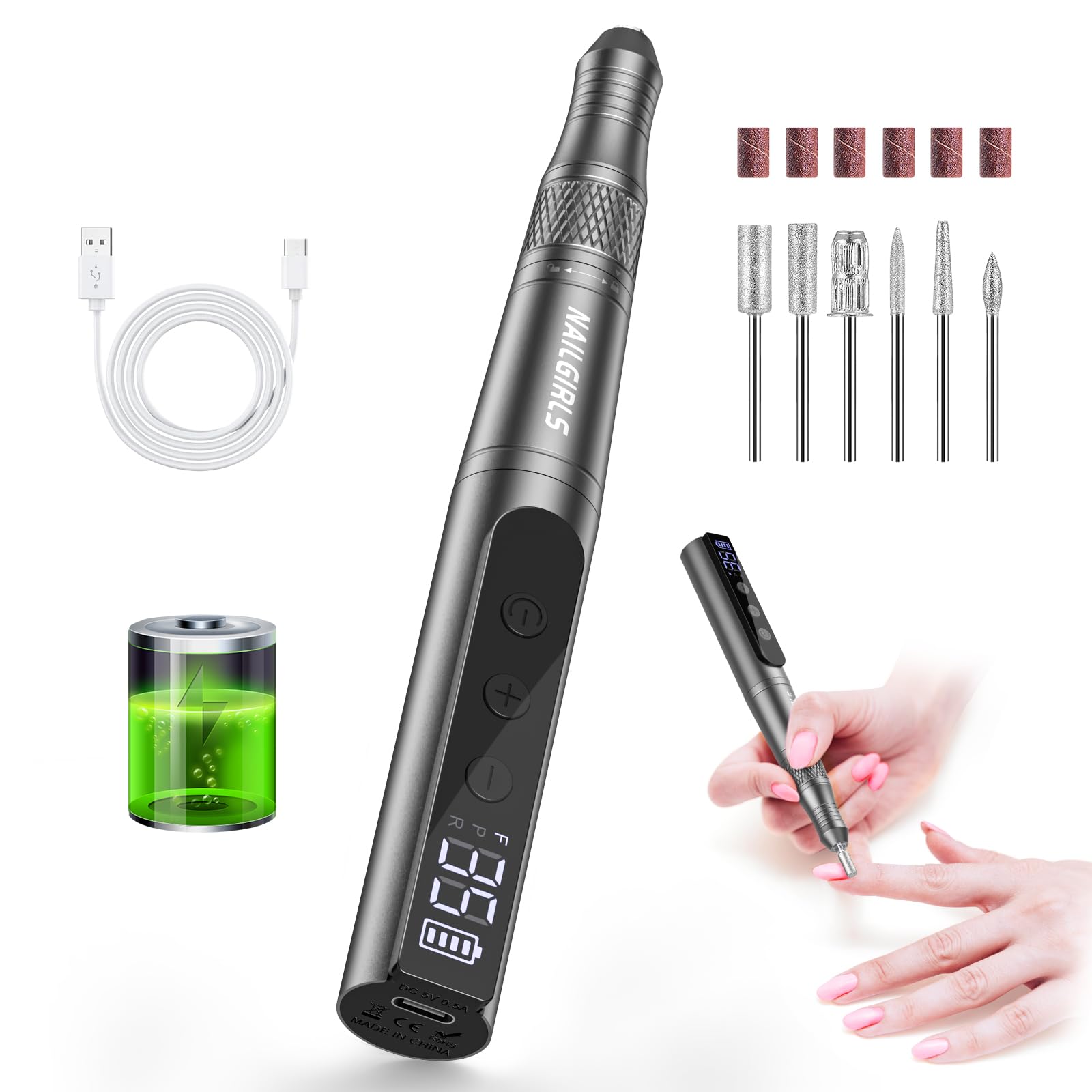 NAILGIRLS Cordless Electric Nail Drill Kit - 35000 RPM Rechargeable Nail File with 6 Drill Bits for Professional Manicure & Pedicure | Portable Nail Polisher for Acrylic Nails, Gel Polish Removal & Salon Quality Home Care (Gray)