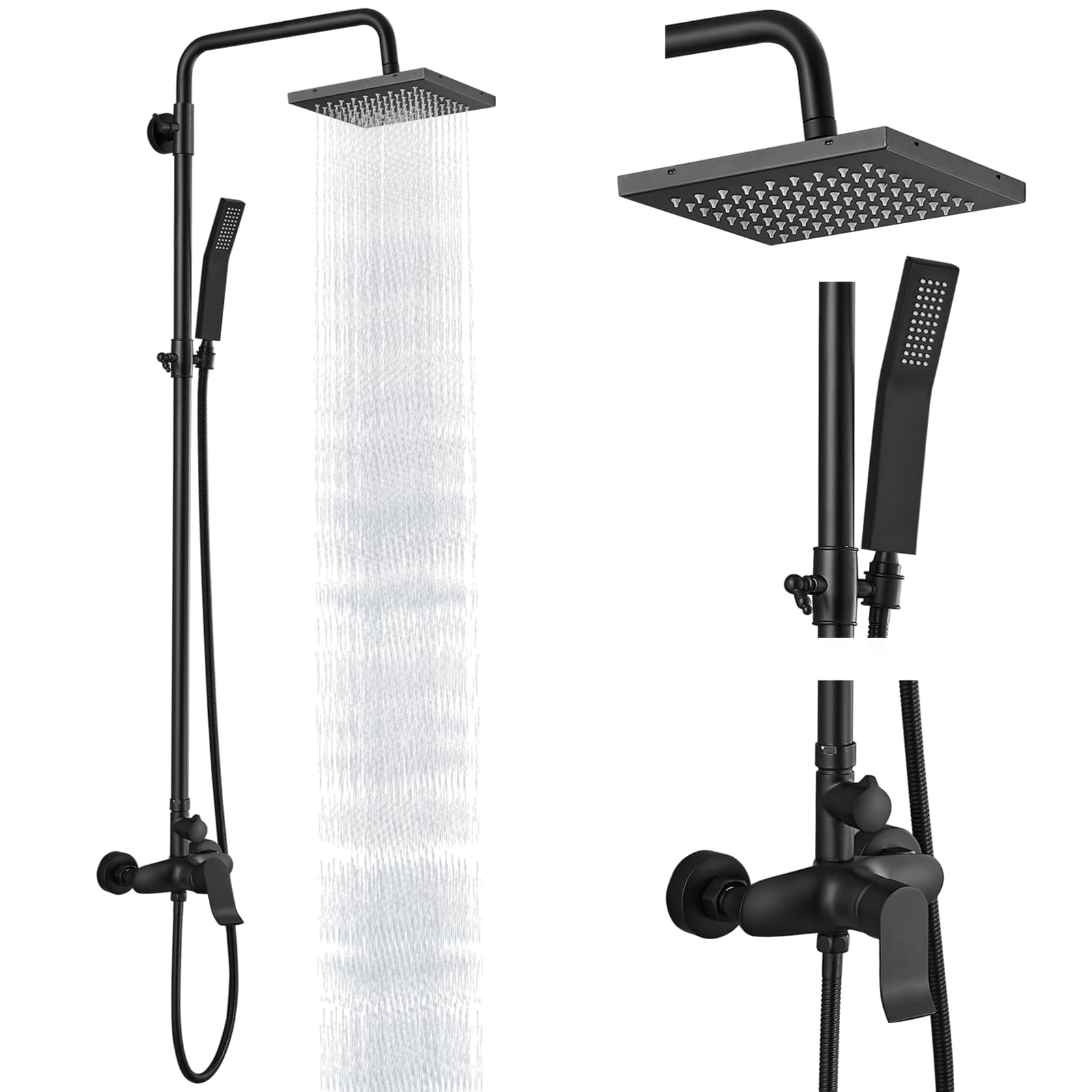 Matte Black Exposed Shower System - 8 Inch Square Rainfall Shower Head with Adjustable Handheld Sprayer - Dual Function Wall Mount Bathroom Faucet Set for Modern Home & Spa Experience