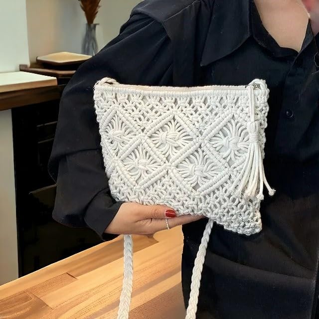 R.R.LALA Women's Macrame Shoulder Bag - Handmade Knit Weaving Beach Bag, Simple Hollow Design, White & Off White, 25cm x 20cm - Perfect for Summer Outings, Beach Vacations & Boho Fashion Accessories