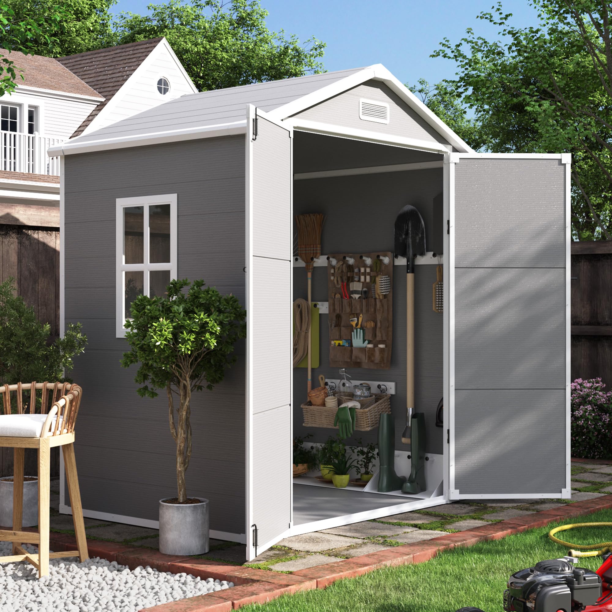 **6x4.5 FT Outdoor Resin Storage Shed – Lockable Plastic Garden Shed for Bikes, Garbage Cans & Tools | Durable Backyard, Patio & Lawn Storage Box in Grey & White | Perfect for Organizing Outdoor Equipment & Seasonal Items**