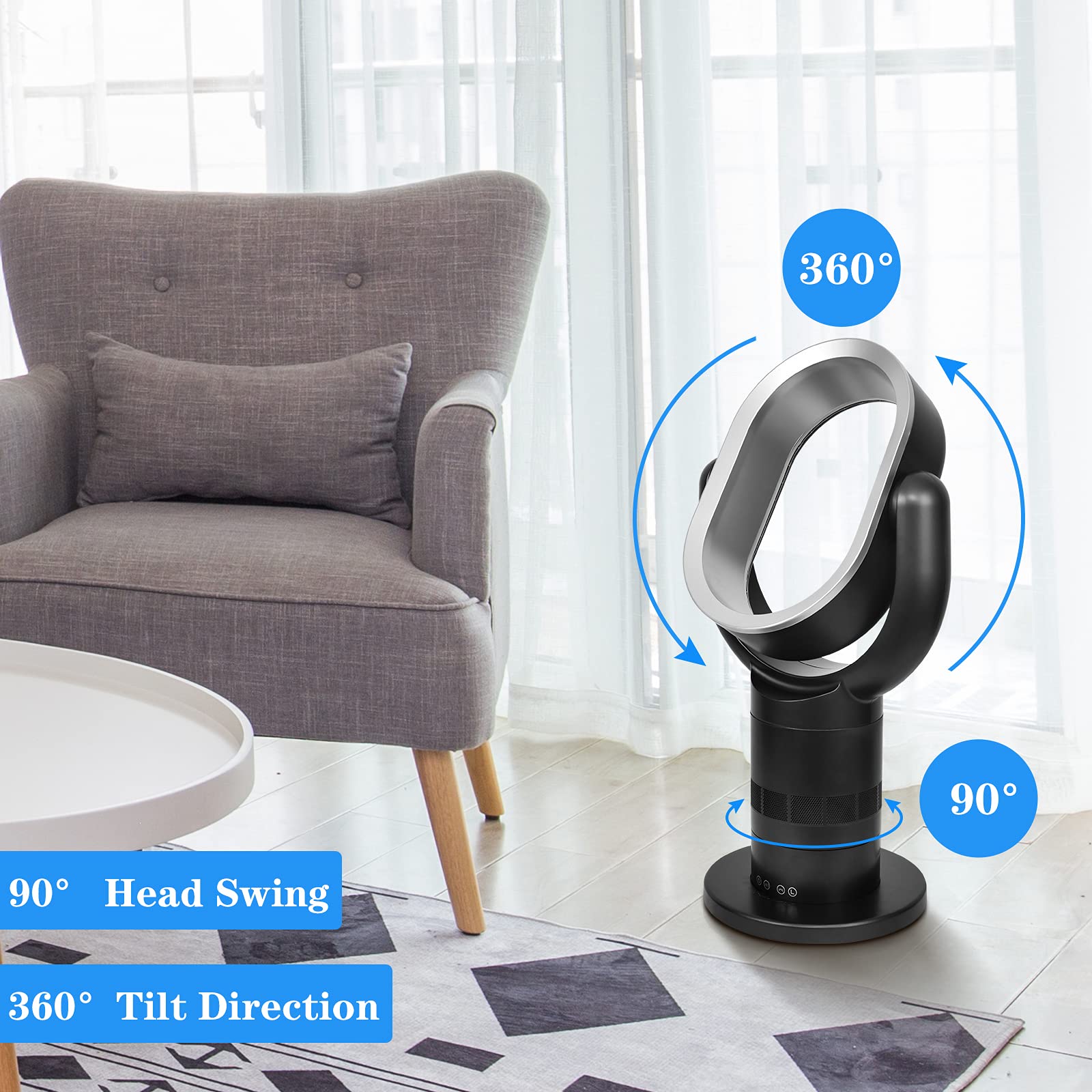 HealSmart Medium Portable Bladeless Fan - 10 Speed Settings, 10-Hour Timer, Ultra Quiet & Lightweight (24 Inch, Black) | Perfect for Office Desk, Bedroom & Outdoor Use