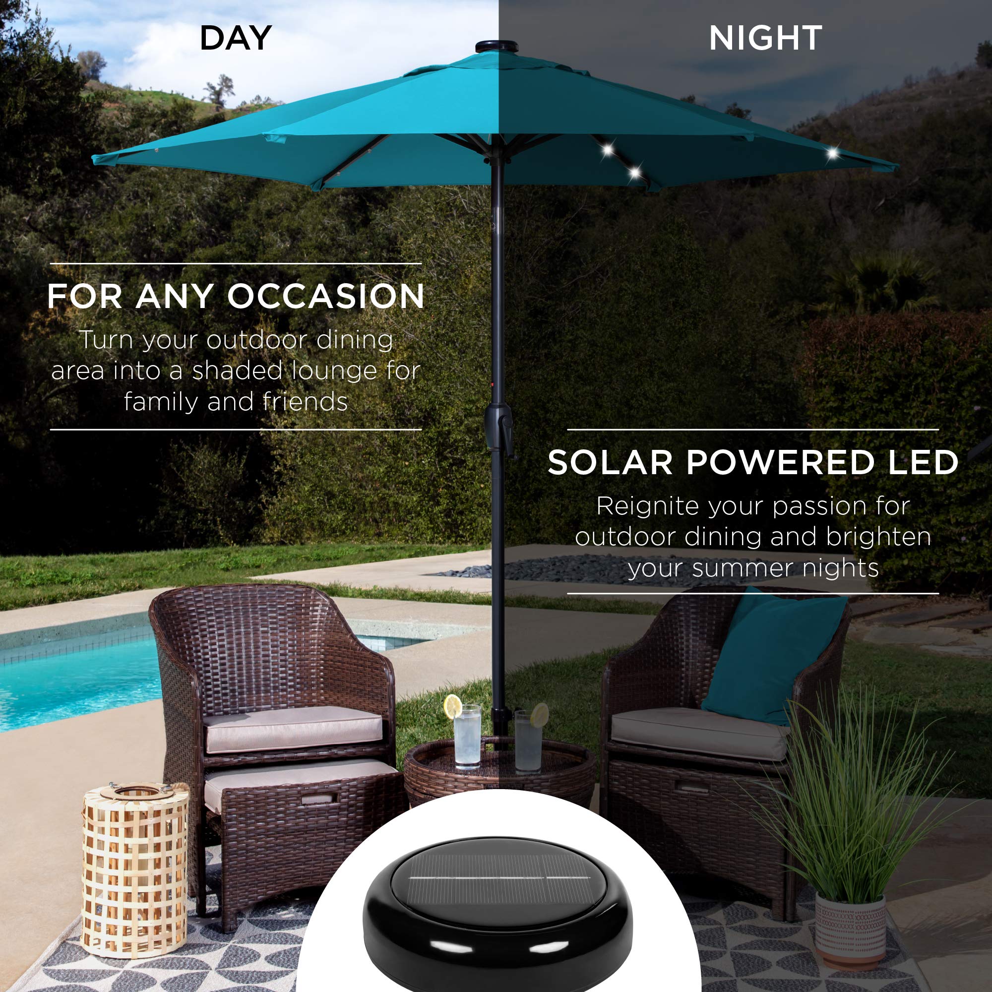 Best Choice Products 7.5ft Outdoor Solar-Powered LED Patio Umbrella with Tilt & Crank - Sky Blue for Deck, Poolside, Backyard & Outdoor Dining