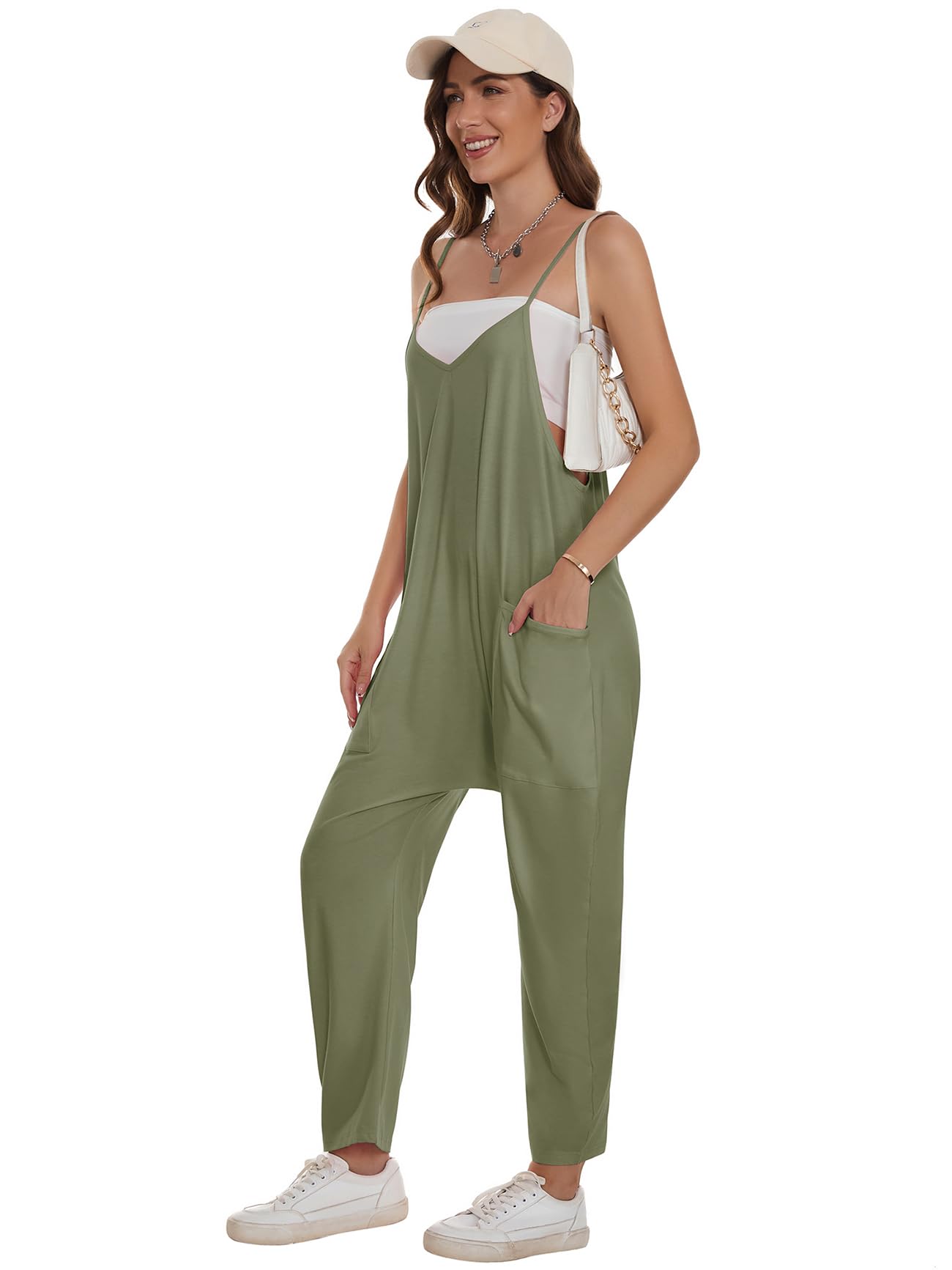 Trendy Women's Sleeveless Jumpsuit with Pockets - Loose Fit Romper & Spaghetti Strap Overalls | Casual Summer Outfit, Beach Wear & Street Style Fashion
