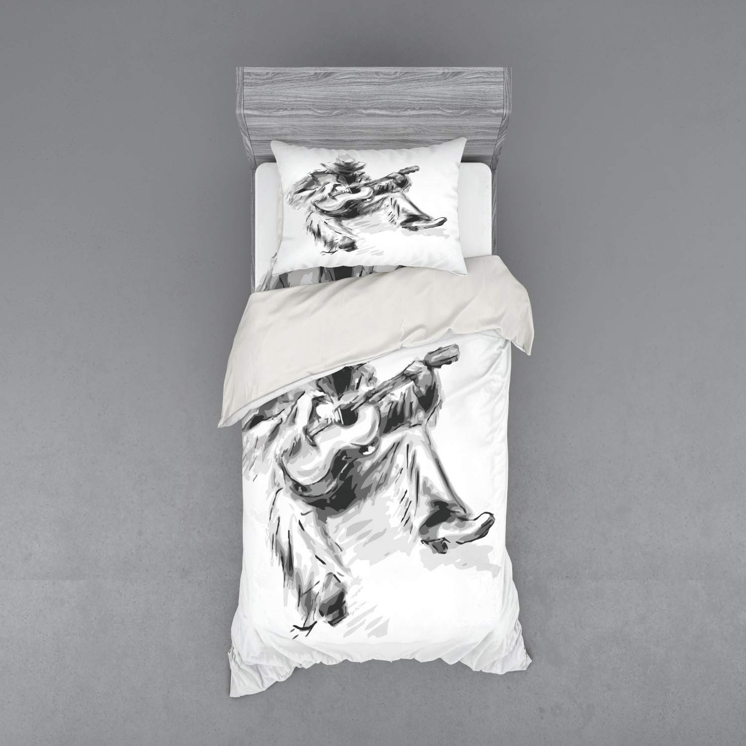 Ambesonne Western Music Bedding Set - Cowboy Playing Guitar Print Duvet Cover, Sham & Fitted Sheet, 3-Piece Twin Size in Black & Grey | Perfect for Country Music Lovers' Bedroom Decor