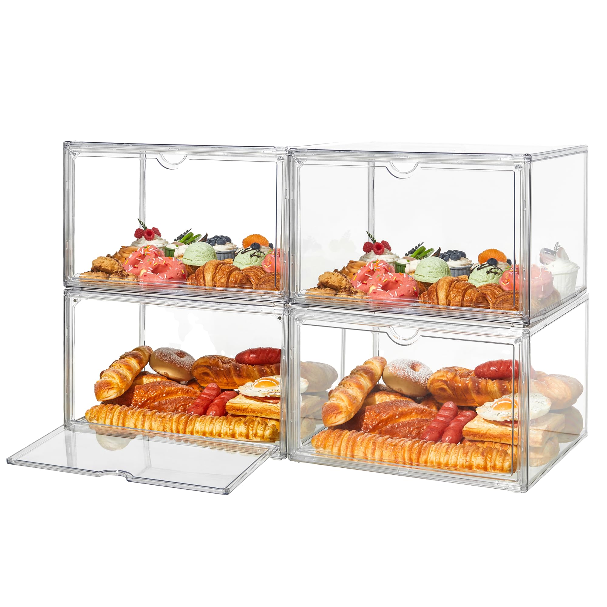 4-Piece Stackable Bread Storage Containers for Kitchen Countertop - Large Airtight Bread Box Set for Bread, Bagels, Muffins | Perfect for Bakery Display, Pantry Organization & Fresh Food Storage