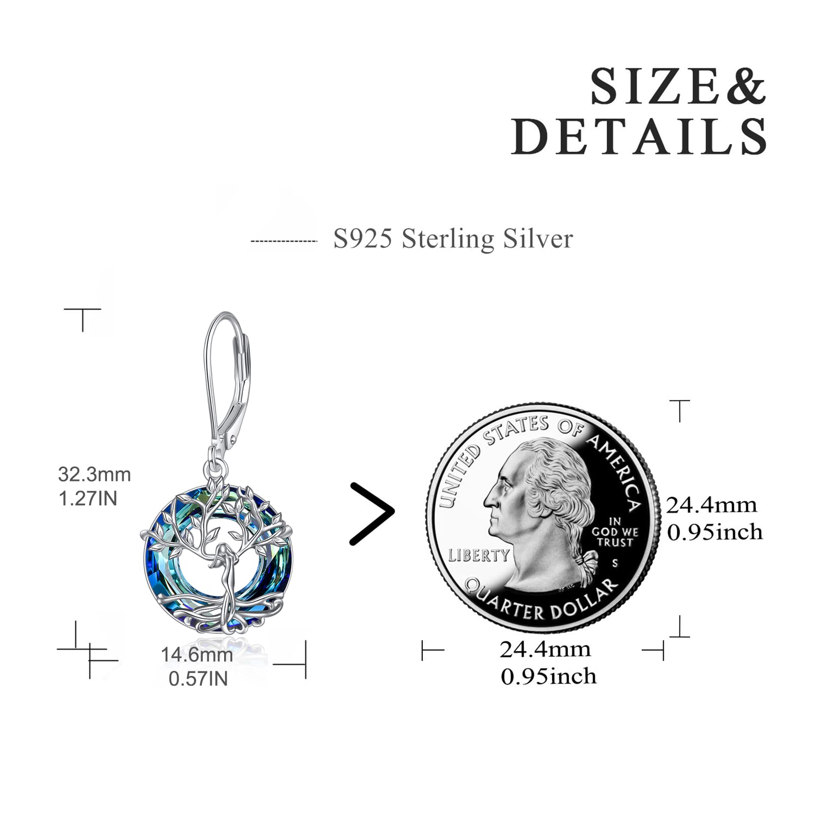 Tree of Life Leverback Earrings Sterling Silver Dangle Drop Earrings with Blue Crystal - Elegant Birthstone Jewelry Gifts for Women, Perfect for Birthday, Anniversary, Wedding & Everyday Wear