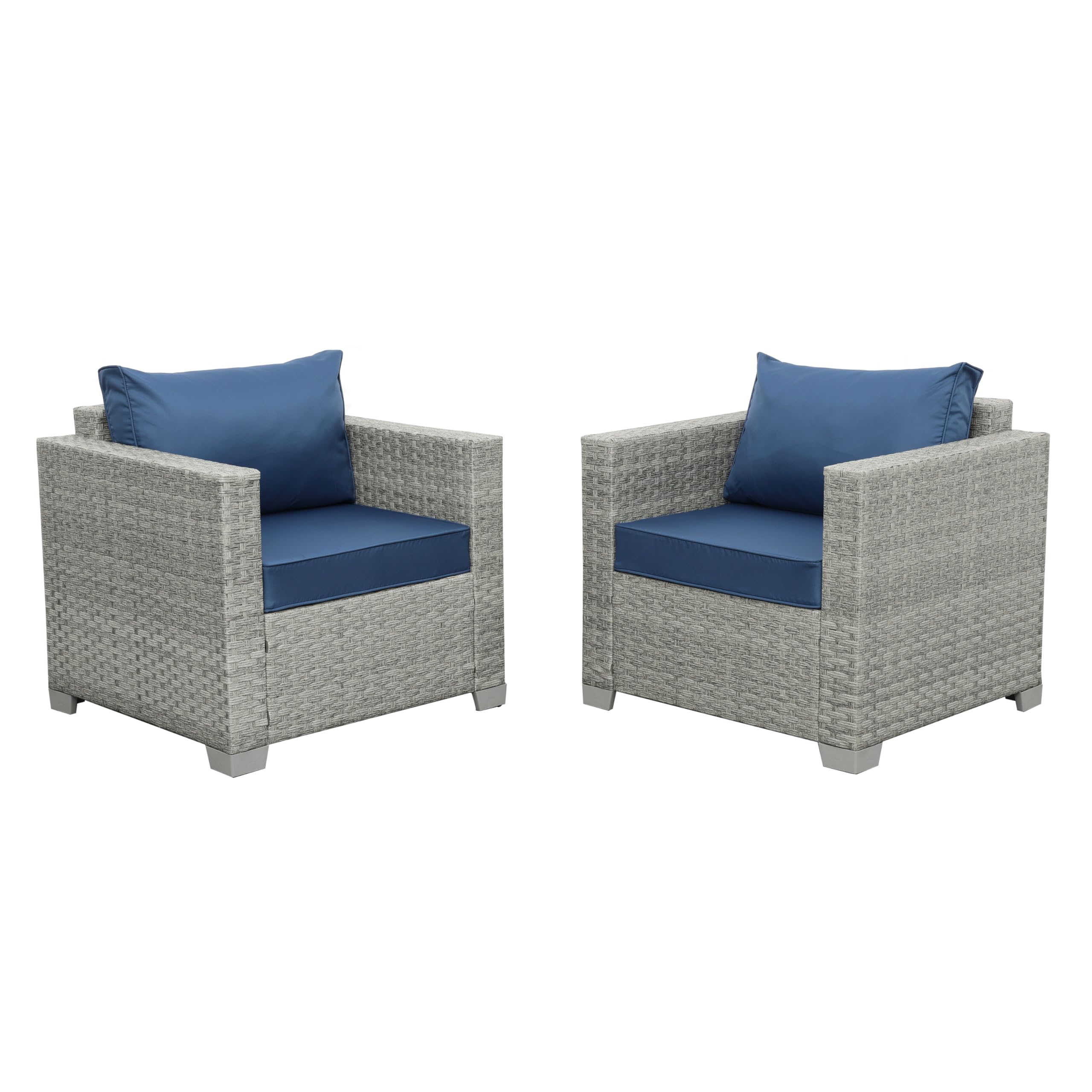 WAROOM 2-Piece Outdoor Wicker Patio Sofa Set - Grey Rattan Deep Seating Armchairs with Blue Cushions, Perfect for Porch, Balcony, Garden & Poolside Relaxation