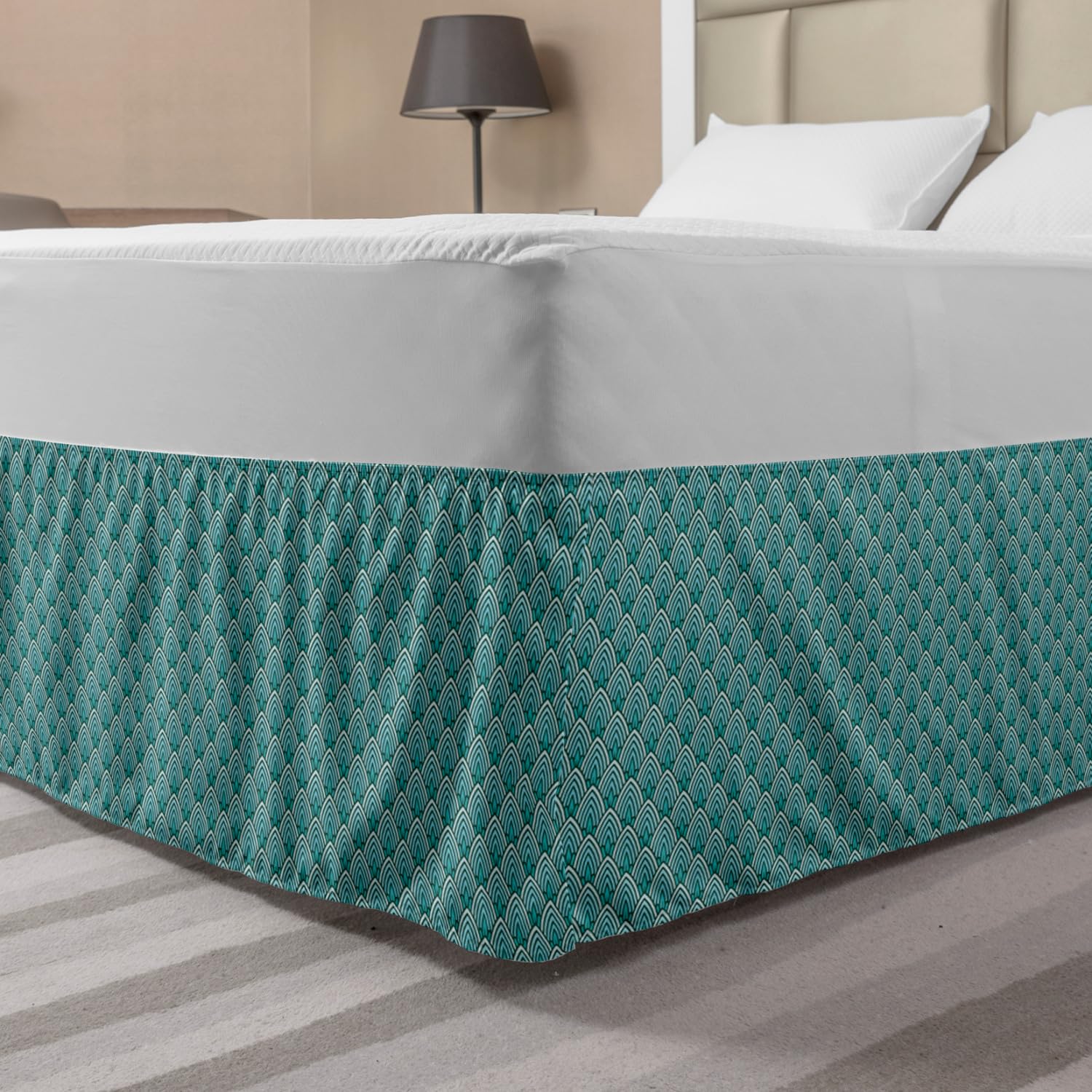 Ambesonne Vintage Blue Monochromatic Bed Skirt - Elastic Wrap Around Dust Ruffle for King Size Beds - Seafoam Multicolor Nostalgic Pattern - Perfect for Bedroom Decor & Guest Room Styling
