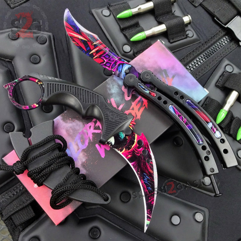 Hyper Beast 2-Piece CSGO Knife Set - Butterfly Knife & Elite Karambit | Save $10 | Perfect for Gaming Collectors & CSGO Cosplay