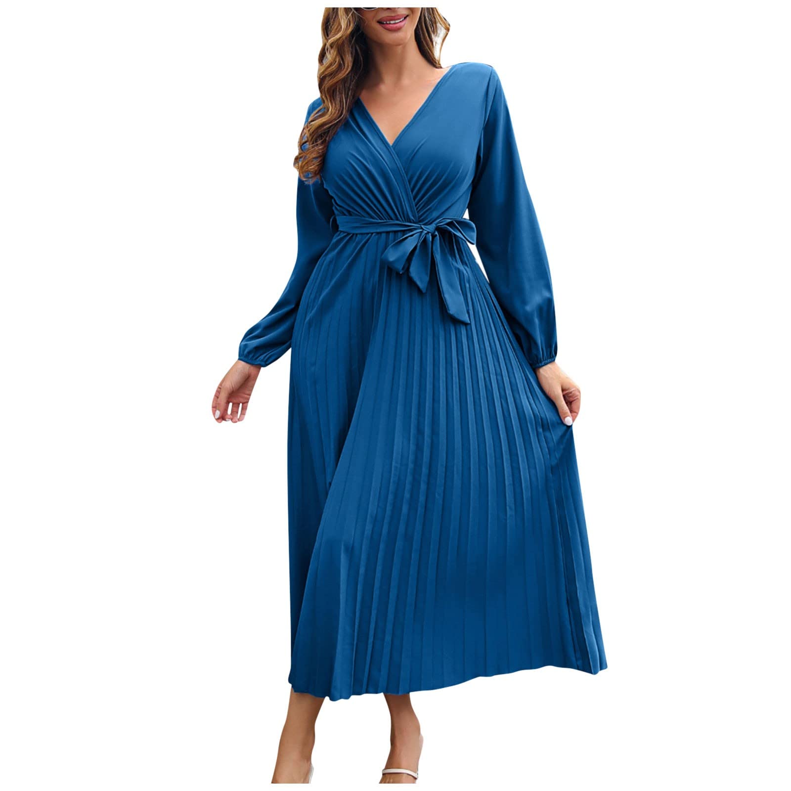 Elegant Women's Waist Tie Long Sleeve Wrap V-Neck Solid Color Pleated Maxi Dress for Wedding Guest, Party & Special Occasions | Flattering Swing Fit & Comfortable Design