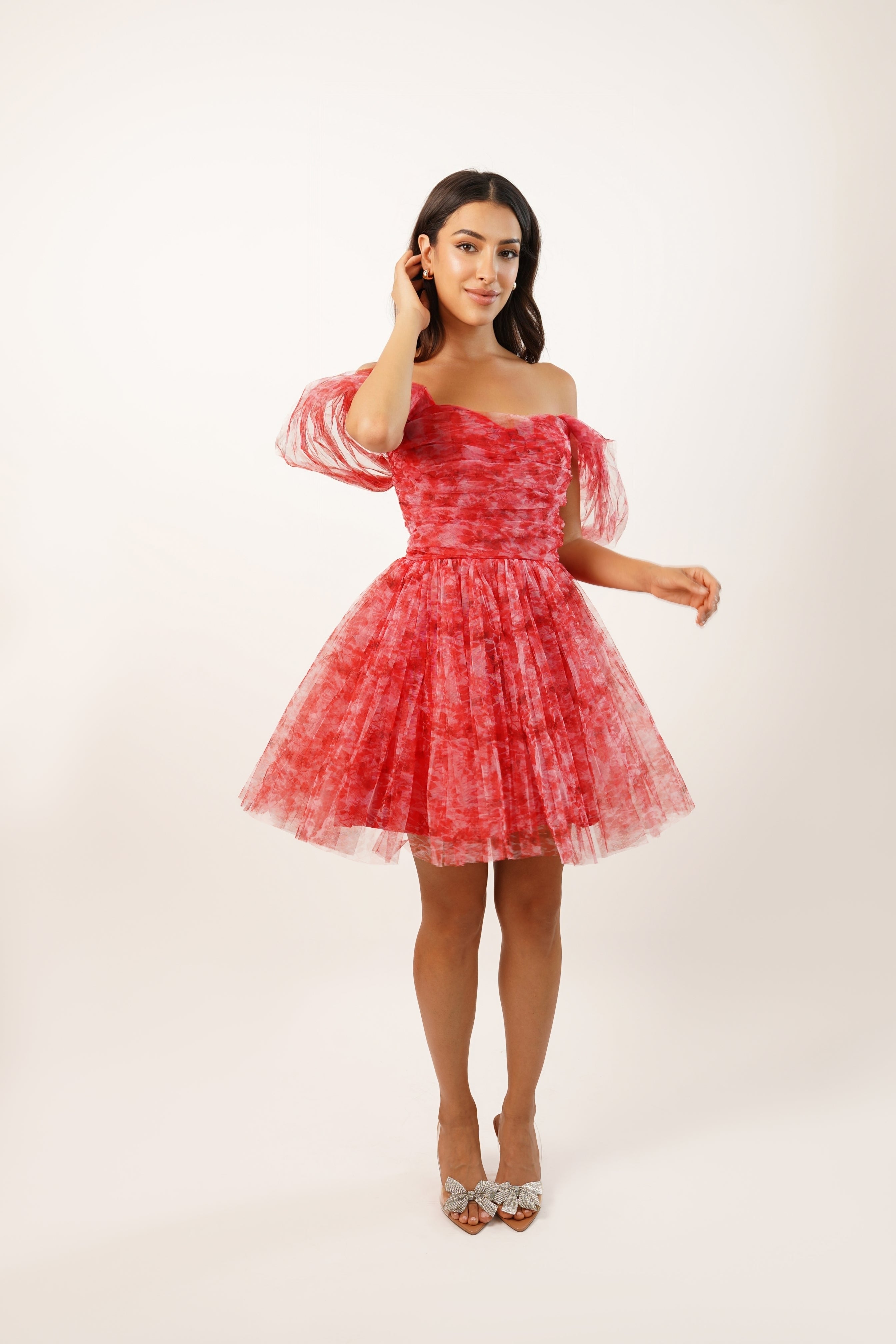 Sydney Red Printed Tulle Mini Dress - Elegant Party Cocktail Dress for Women, Perfect for Weddings, Prom, Date Night & Special Occasions