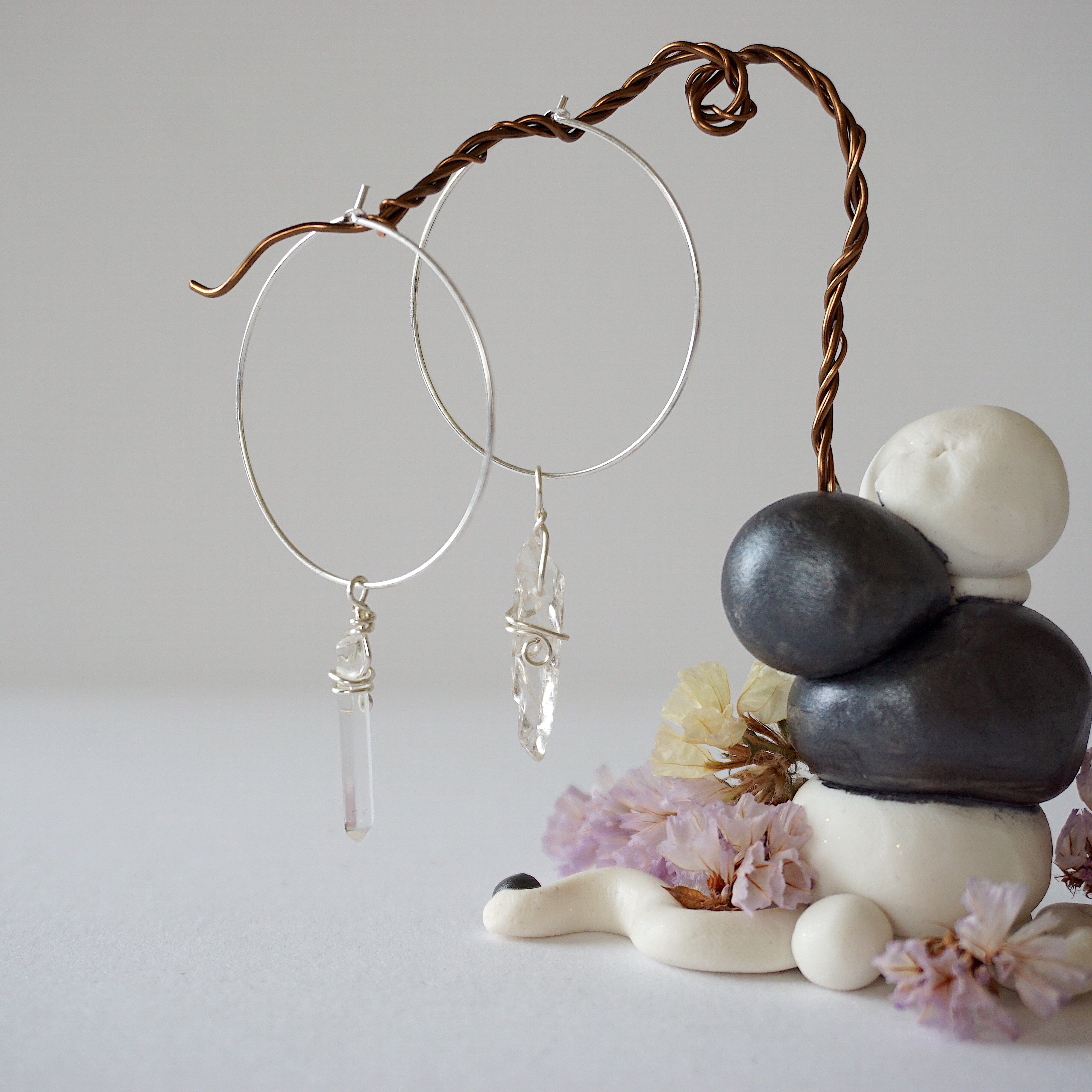 Clear Quartz Charm Silver Plated Hoop Earrings for Women - Elegant Dainty Crystal Jewelry for Everyday Wear & Gift Giving