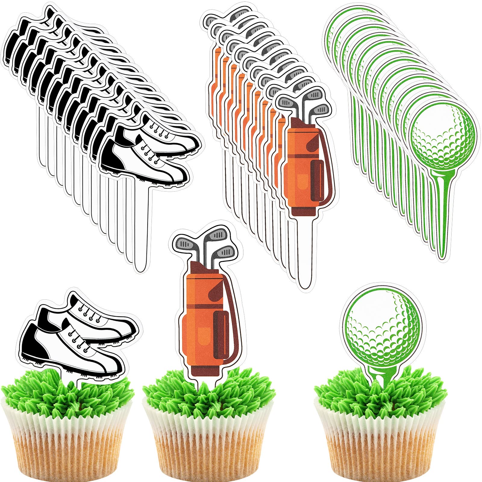 Golf Theme Cupcake Toppers - 48 Pcs Golf Shoe, Golf Bag & Golf Ball Cake Decorations for Birthday Parties, Baby Showers & Golf Themed Events - Perfect for Dessert Table Decor & Party Favors