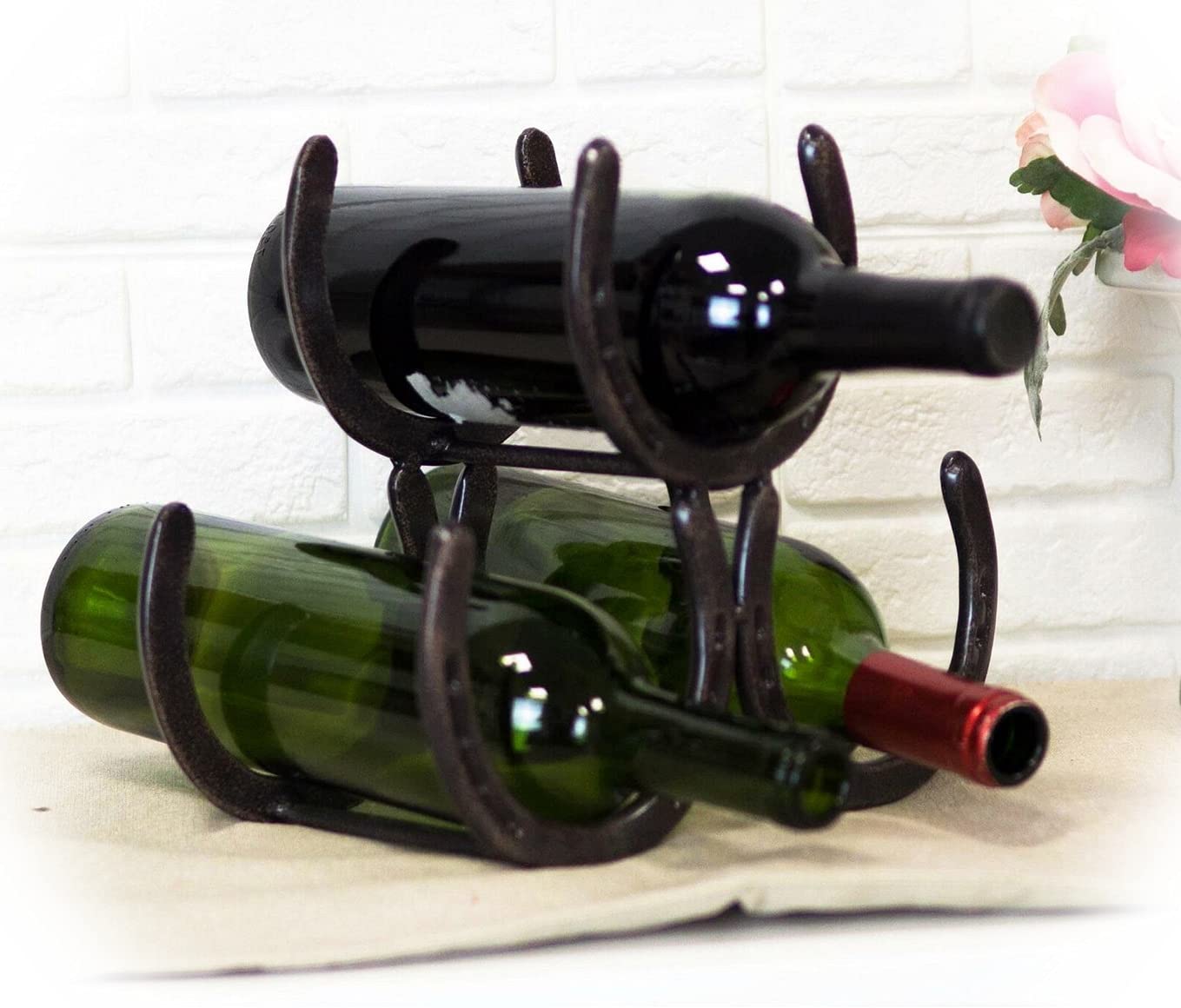 Vintage Cast Iron Horseshoe Wine Bottle Holder - Rustic Farmhouse Decor for 3 Bottles, Unique Home Gift for Birthdays & Weddings (EB-6937GIF) - Perfect for Wine Cellars, Kitchen Countertops, and Country-Themed Parties