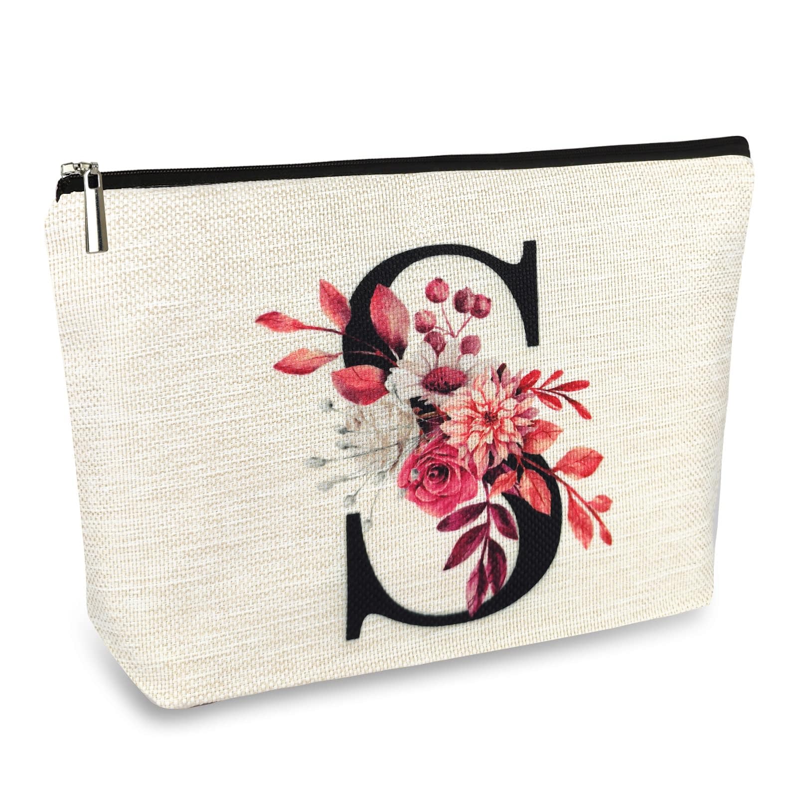Personalized Floral Monogram Makeup Bag - Custom A-Z Initial Cosmetic Pouch for Women, Mom, Best Friend, Bride, Bridesmaid & Grandma - Perfect Birthday, Mother's Day & Christmas Gift - Small Travel Toiletry Bag for Everyday Use, Weddings & Vacation Essentials