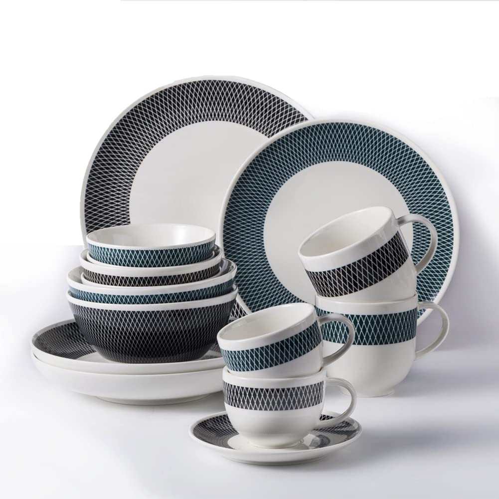 QIANA 16-Piece Dinnerware Set for 4, Modern Blue and Black Ceramic Plaid Tableware - Microwave & Dishwasher Safe - Perfect for Family Dinners, Parties and Restaurant-Style Dining