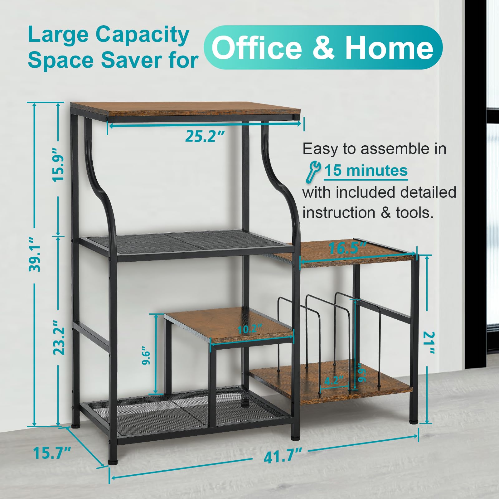 3-Tier Printer Stand with Storage Shelf - Large Rustic Brown Office Desk Organizer for Printer, Scanner, Fax Machine, Books & Files (41.7