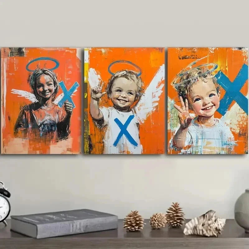 3pcs Abstract Angel Trio Wall Art Set - Orange & Blue Accent Canvas Framed Paintings 50x70cm - High Quality Print 100% Australian Made - Ready to Hang for Living Room, Bedroom & Office Decor