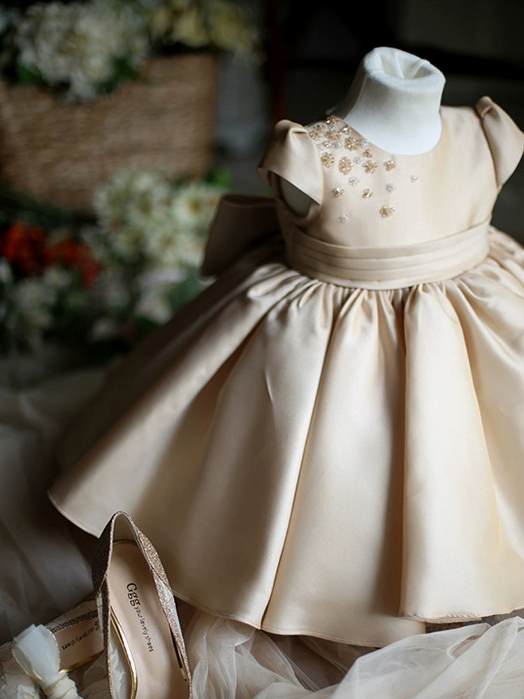 Champagne Princess Round Tea Length Satin Flower Girl Dress for Weddings, Bridal Showers & Special Occasions