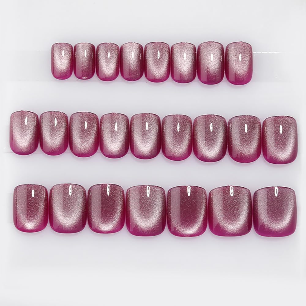 Short Square Press on Nails - Purple Cat Eye Fake Nails | Reusable Glossy Acrylic Stick on Nails Kit for Women | Perfect for Parties, Weddings & Everyday Glam