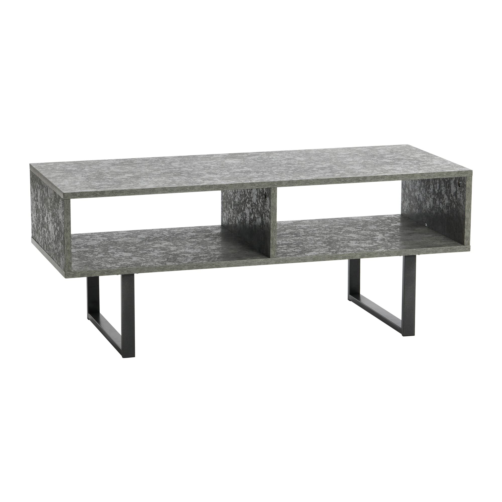 Rustic Slate Concrete & Black Metal TV Stand Coffee Table with Storage Compartments - Modern Farmhouse Living Room Furniture for TV, Books & Decor Organization