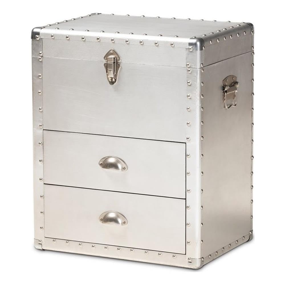 Baxton Studio Serge French Industrial Silver Metal 2-Drawer Accent Storage Chest - Vintage Style Bedroom Dresser for Clothes & Jewelry Organization