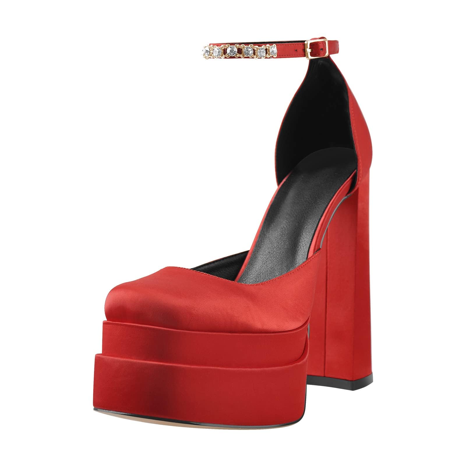Women's Chunky Heel Platform Pumps - Square Toe Rhinestone Ankle Strap Satin Dress Shoes for Party, Wedding & Evening Events