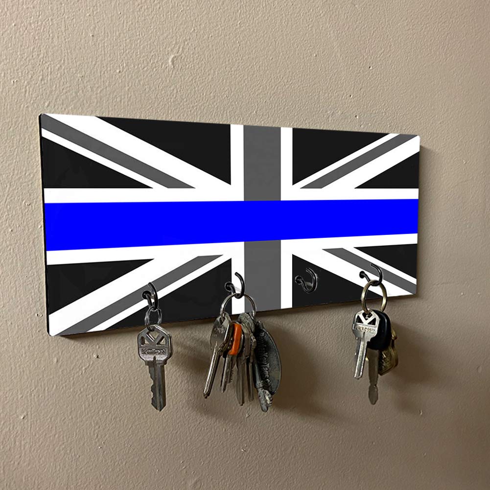 Brotherhood Thin Blue Line Law Enforcement Union Jack Flag Key Holder Organizer - Wall Mount Rack for Home Keys, Rings & Decor | Perfect for Police Supporters, First Responders & Patriotic Home Decor