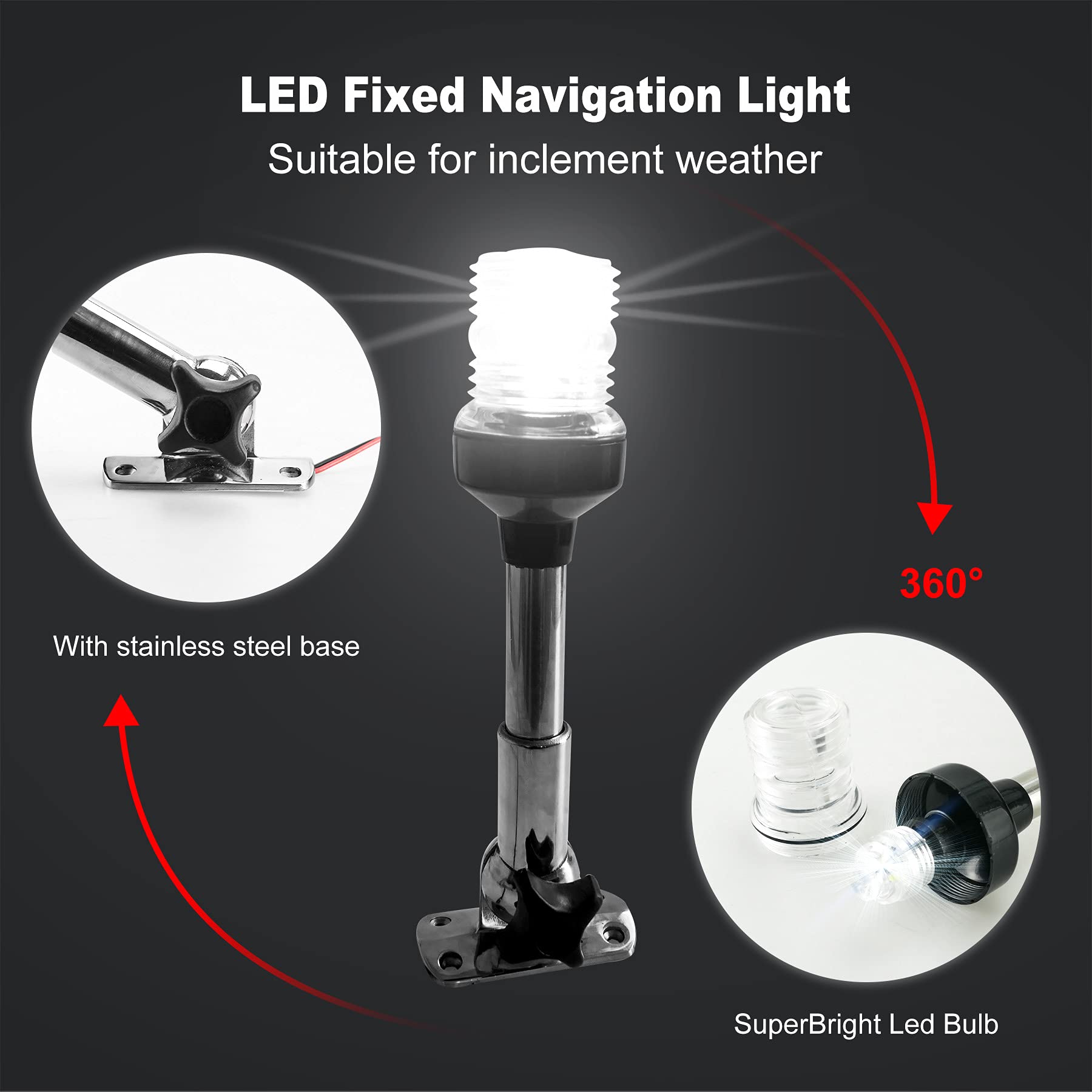3 Nautical Mile Marine LED Anchor Light - 360° All-Round Visibility, 12-24V Waterproof IP65 White Light for Boats & Yachts | Perfect for Nighttime Navigation, Docking & Safety at Sea