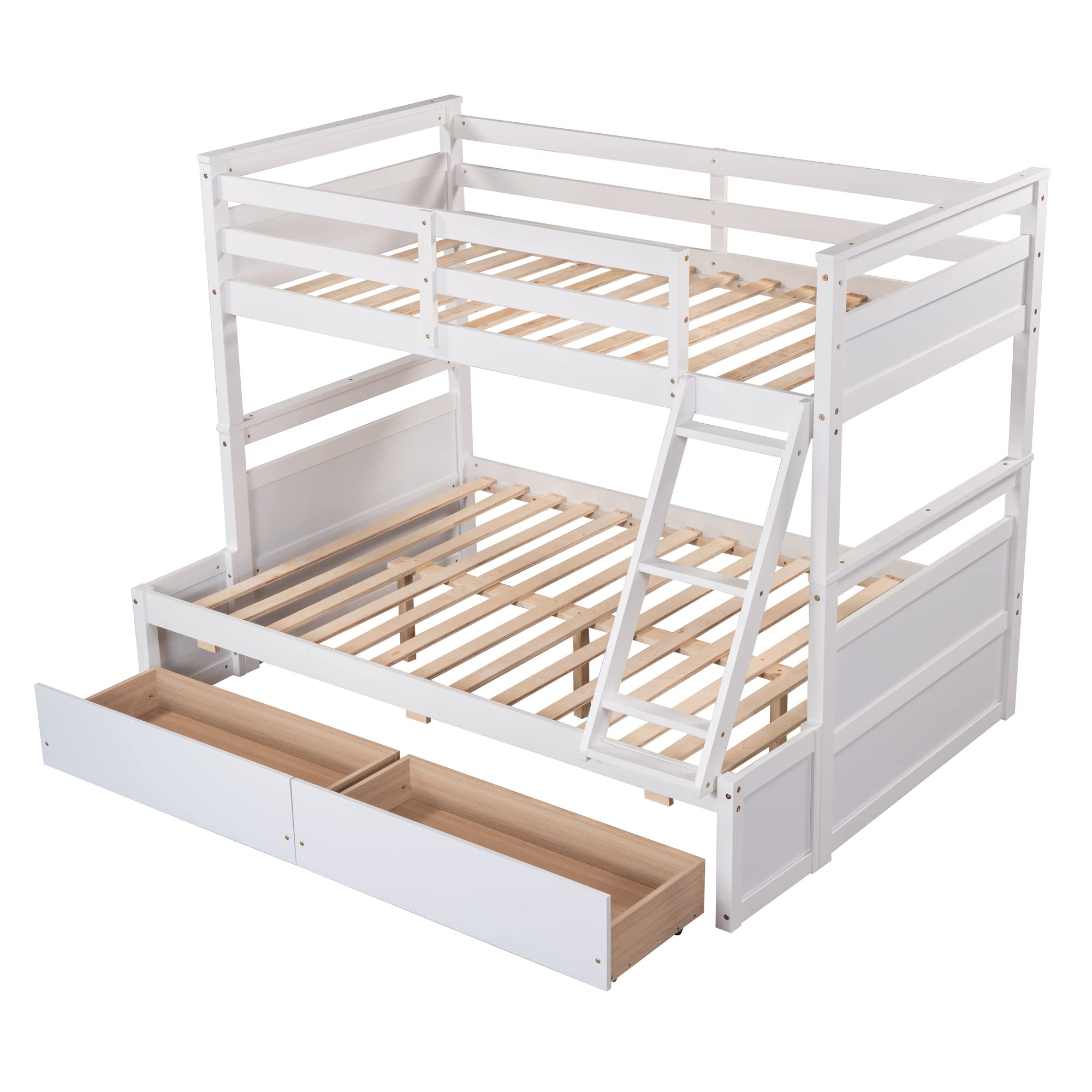 DNYN Twin Over Full Bunk Bed with 2 Storage Drawers - Convertible Wooden Bunk Beds for Kids & Teens - Safety Guardrail - Separable Design - No Box Spring Needed - White - Perfect for Small Bedrooms, Guest Rooms & Shared Kids' Spaces