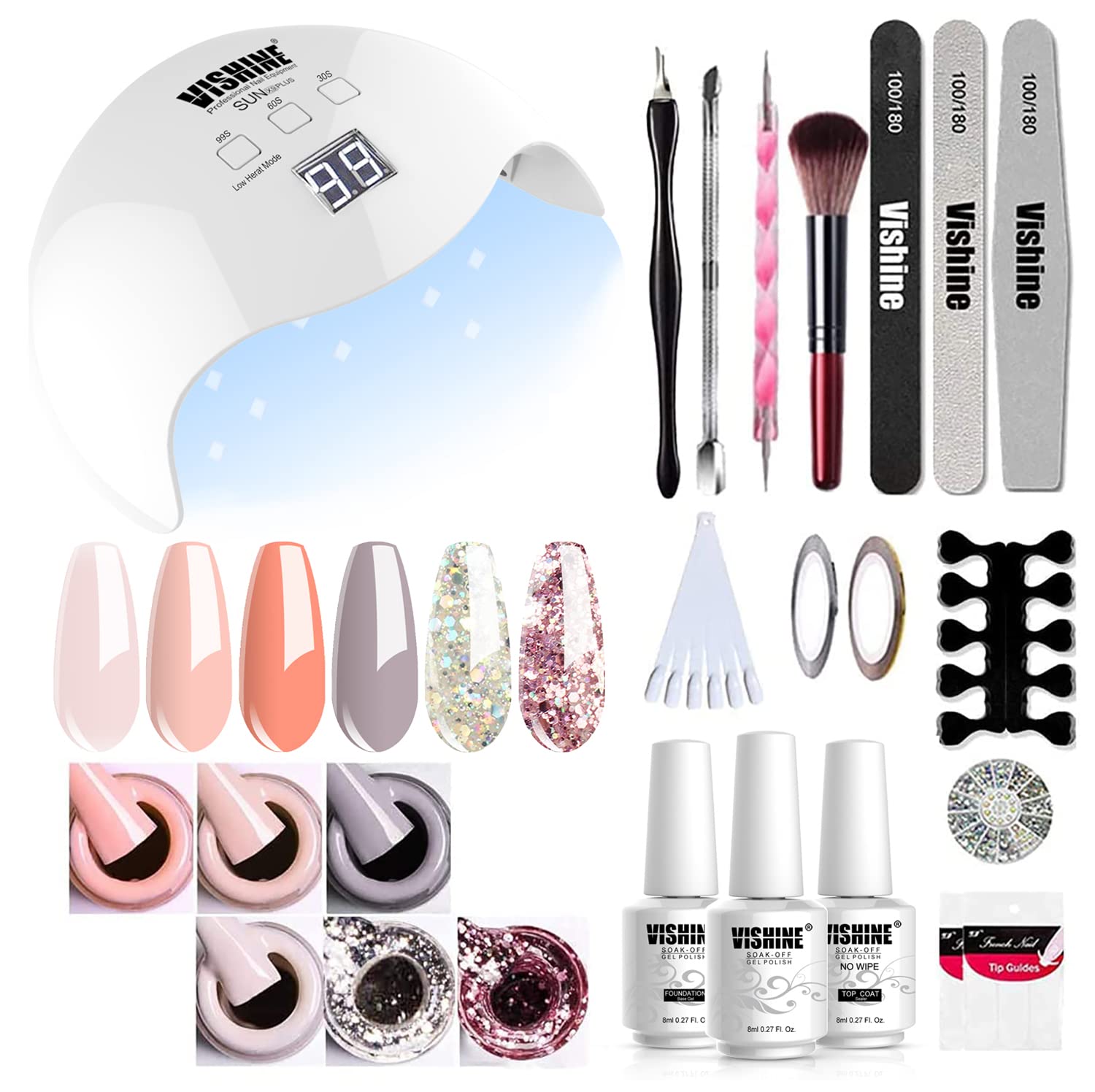 Vishine 40W UV LED Nail Lamp Gel Polish Kit with 6 Gel Colors, Base & Top Coat - Professional Nail Art Manicure Tools for Salon & Home Use