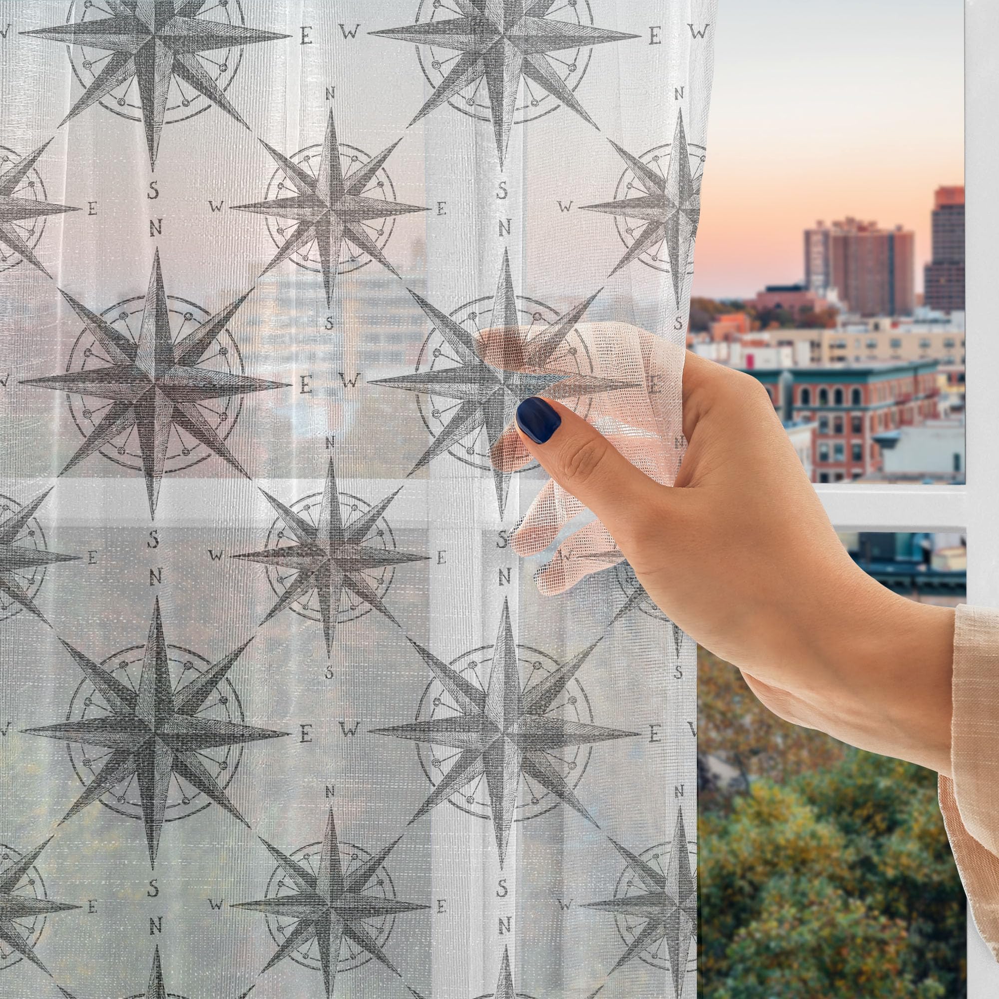 Ambesonne Compass Tulle Curtains - Black & White Nautical Windrose Design, Sheer Window Drapes with Rod Pocket, 108