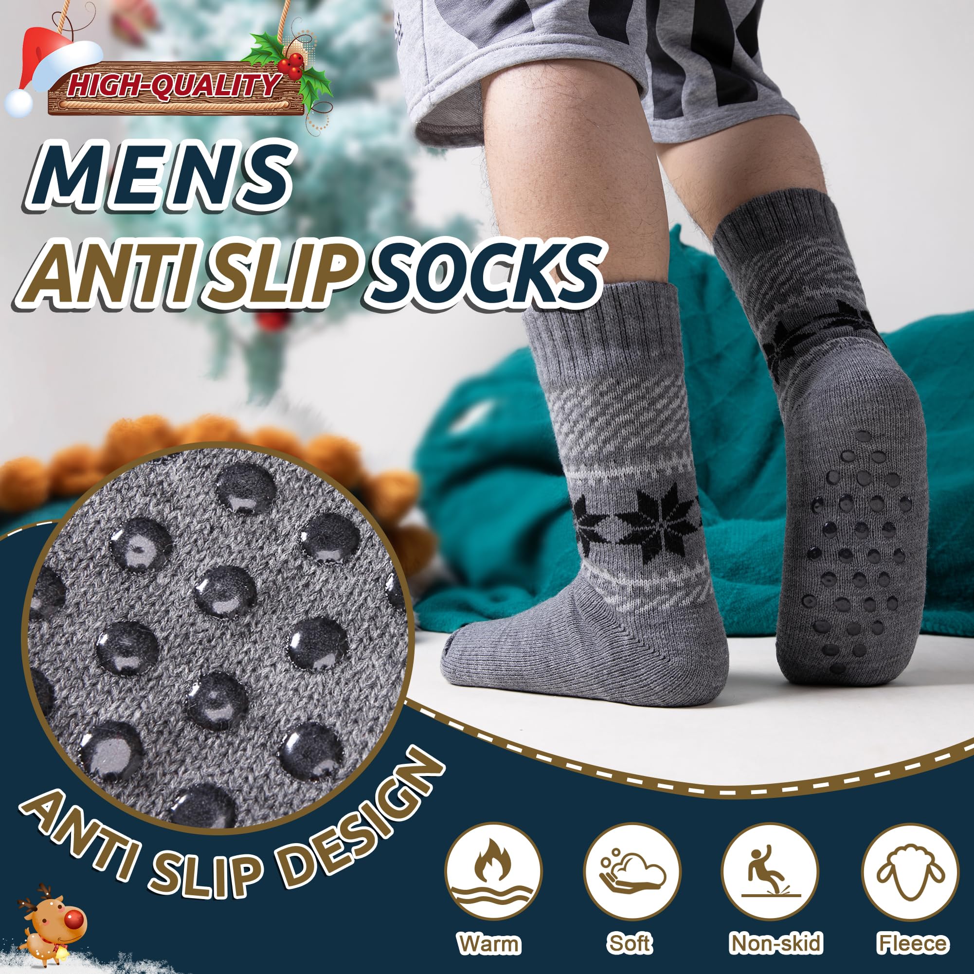 Men's Fleece Lined Thick Winter Slipper Socks - Cozy Non-Slip Fuzzy Home & Sleeping Socks for Cold Weather Comfort