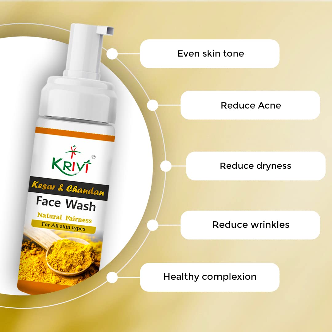 KRIVI Kesar & Chandan Face Wash with Saffron, Sandalwood Oil, Vitamin E, Tea Tree Oil & Vitamin B5 - Paraben Free 150ml for Natural Glow & Brightening | Daily Skincare for Oily, Dry & Combination Skin