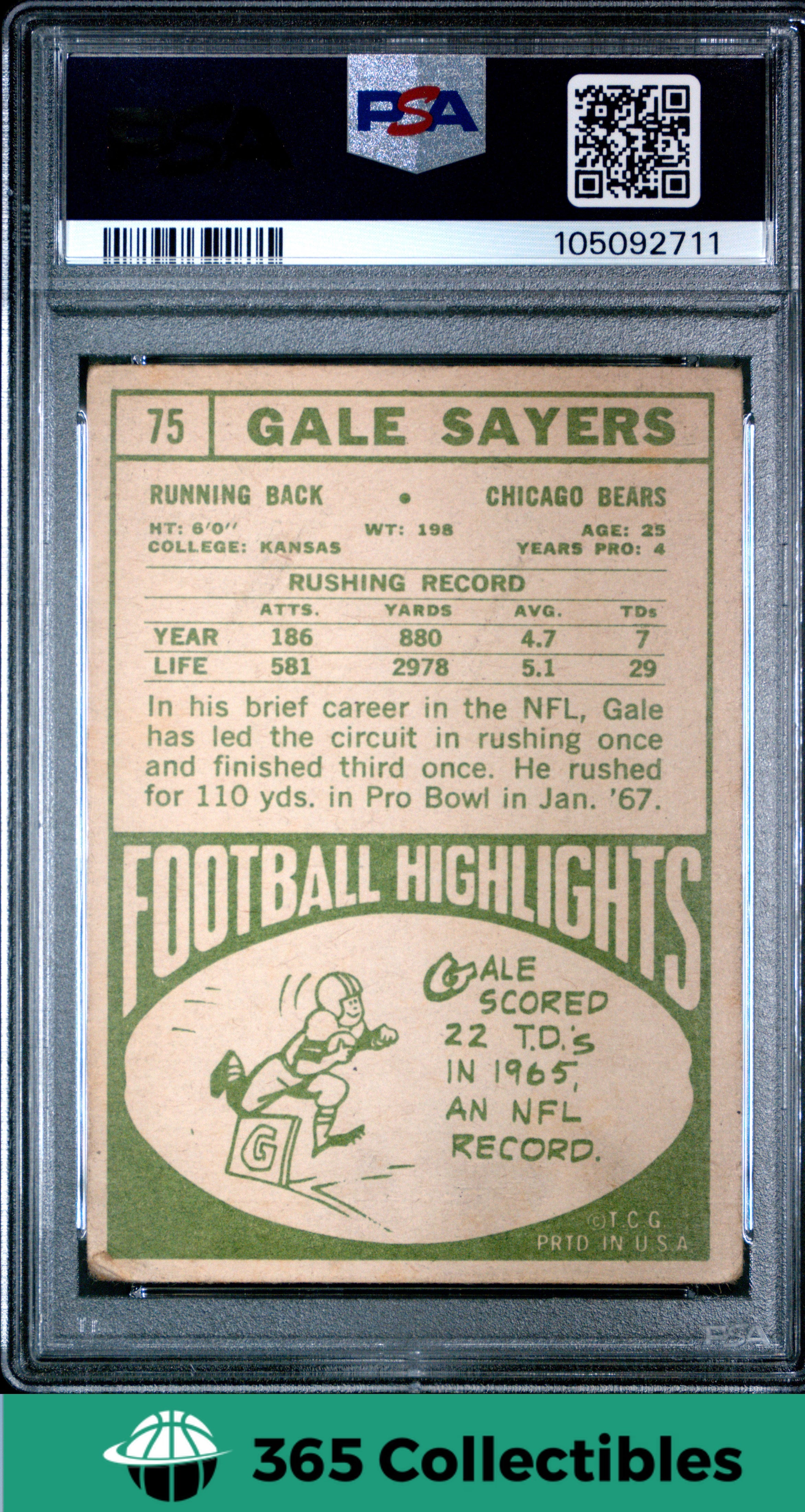 1968 Topps Gale Sayers #75 Football Card - Chicago Bears PSA 1.5 FR - Vintage NFL Collectible for Sports Memorabilia & Fan Display
