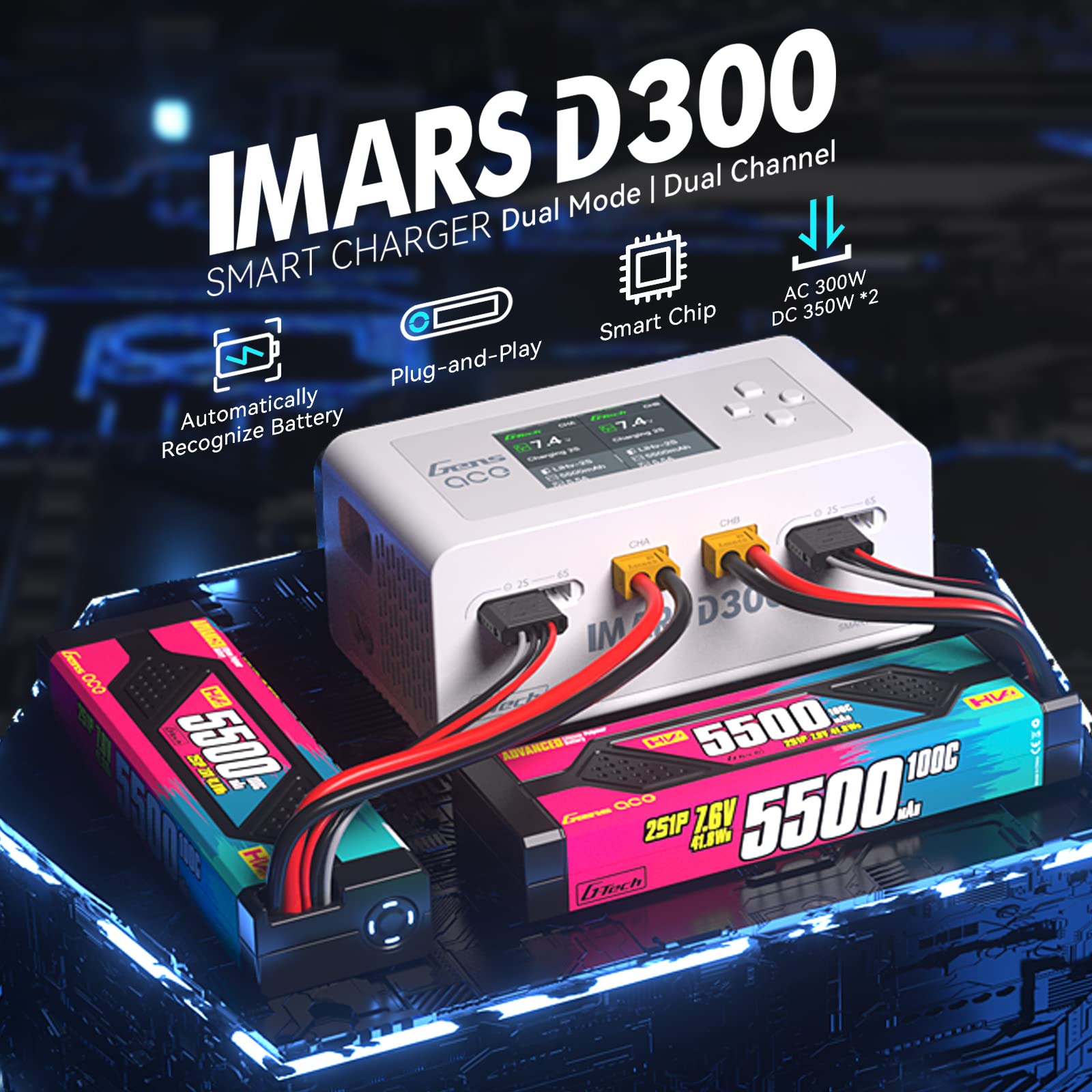 Gens Ace IMARS D300 G-Tech Series Smart Dual Lipo Battery Charger - 16A AC 300W DC 700W Fast Charging for RC Cars, Drones, and Airsoft (White) - Perfect for Hobbyists and Professionals