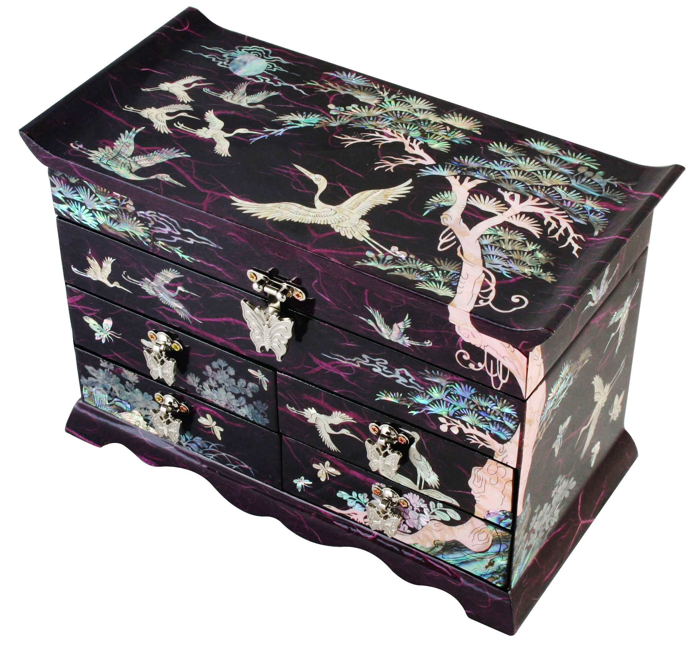 Handcrafted Asian Lacquer Jewelry Box - Mother of Pearl Crane & Pine Tree Design, Purple Mulberry Paper Wooden Organizer | Perfect for Jewelry Storage, Gift Giving & Home Decor